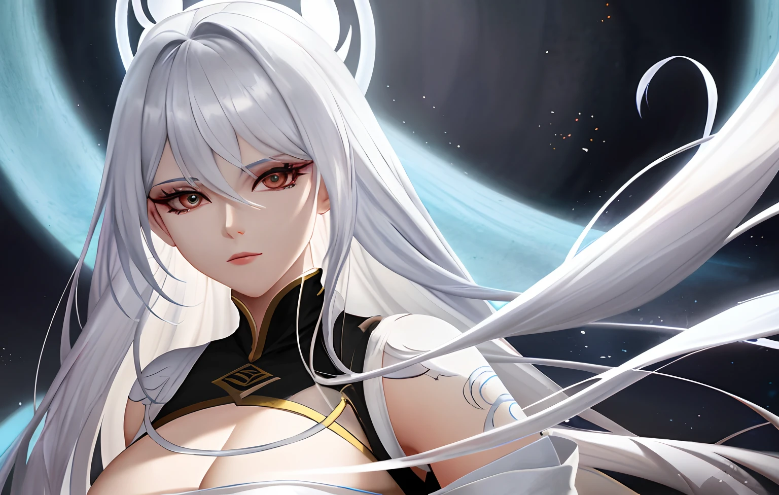 Close-up of a woman with white hair and a white mask，Beautiful figure painting，Queccentric and unique Guvez style artwork，Gray hair mysterious、Mysterious gaze，Yang's painting style，Epic fine character art，Stunning figure paintings，The mysterious and gorgeous image of Fan Qi，A beautiful face in the world of martial arts。