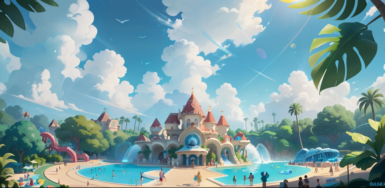 Disney Waterpark, foamy, Buble, Several small children playing, with blue sky and white clouds, anime big breast, pixar-style, Look down from above，in a panoramic view, Sideways, Lens flare, hyper HD, retinas, Masterpiece, ccurate, High quality, High details, Best quality, A high resolution, 8K