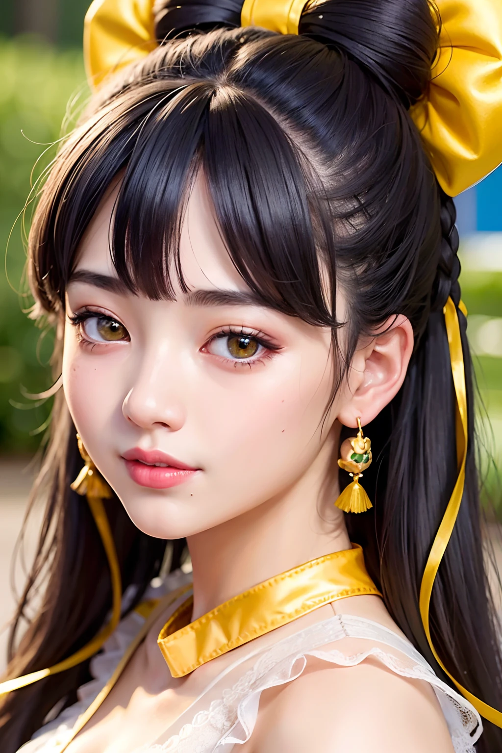 1girl in、Kpop Idol、(２1 ribbon hair ornament:1.35)、depth of fields、sface focus、R Smile、 ((top-quality、8K、​masterpiece:1.3))、Highly detailed facial and skin texture、A detailed eye、二重まぶた、Two yellow-green buns、idol