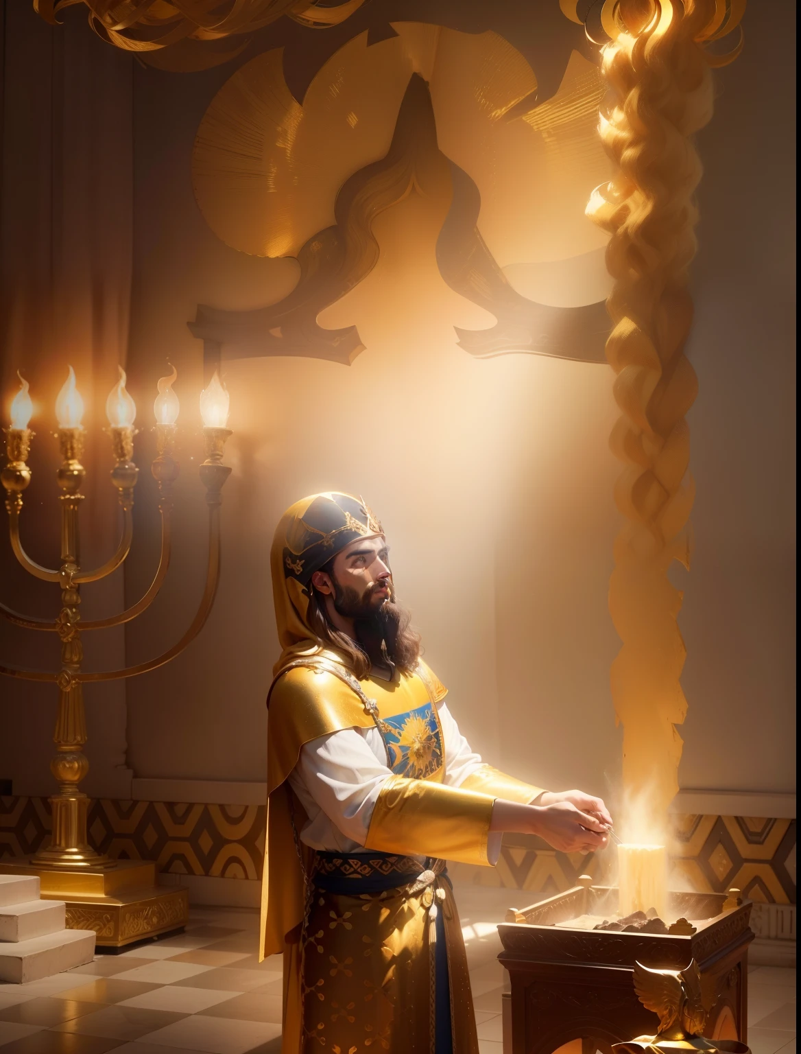 Jesus Cristo com cabelos brancos com aspecto resplandecente como o sol andando no meio de Candeeiros de Ouro puro lindo e dourado. Image with very high lighting quality, Very high resolution image, image with very high coloration, imagem realista, imagem hiperdetalhada