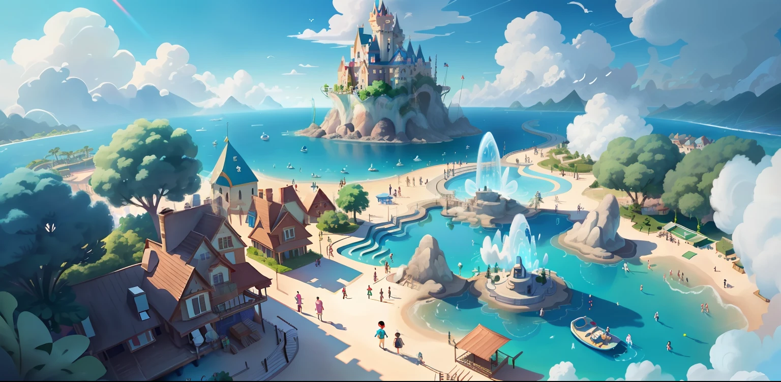 Disney Waterpark, foamy, Buble, Several small children playing, with blue sky and white clouds, anime big breast, pixar-style, Look down from above,in a panoramic view, Sideways, Lens flare, hyper HD, retinas, Masterpiece, ccurate, High quality, High details, Best quality, A high resolution, 8K