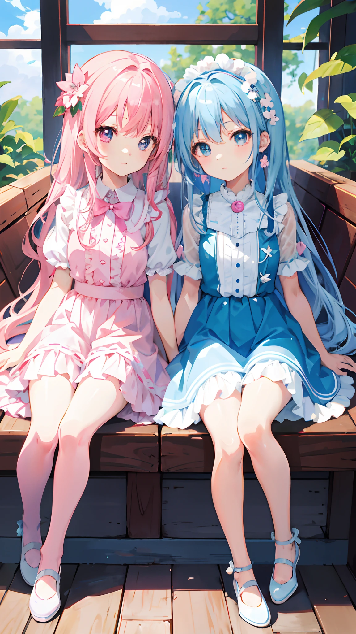 Anime characters sitting on benches，backs facing each other, double tails, Pink and blue, Blue and pink, pink twintail hair and cyan eyes, two beautiful anime girls, Anime girls, pink and blue color, Official artwork, shades of pink and blue, blue and pink, beautiful anime art style, Guviz-style artwork