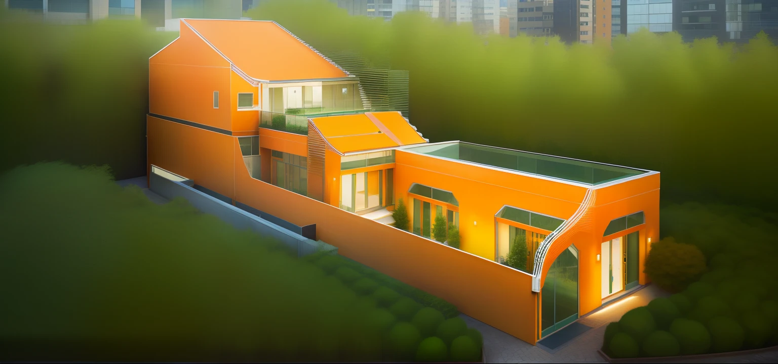 "+Contemporary aesthetic and stylish, highlighted by a magnificent garden and expansive glass doors, with striking and vibrant orange rooftops."