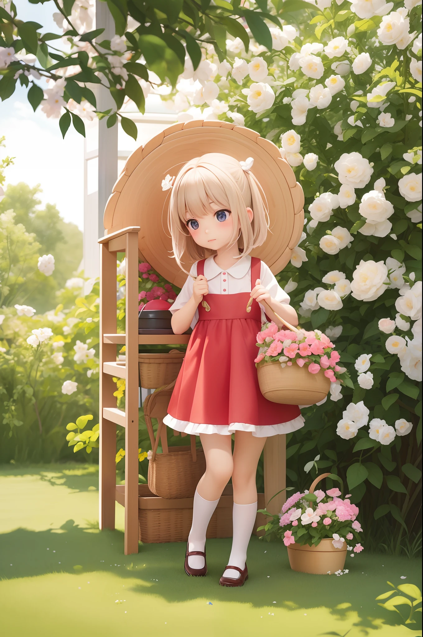 In stable diffusion(stable difusion)The prompt format used in the model is targeted to : "On the lawn,and the sun was shining brightly,Flowers,A cute 7 year old girl carries a red backpack,Wear white cotton socks and small black leather shoes,Take a walk with a wooden basket,Holding a wooden basket for picking flowers,A small bird rests on its shoulder。"