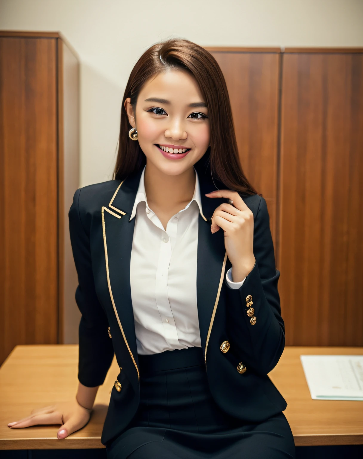 close up of 1 female, 35mm masterpiece, black suit, smile, mini skirt, on the desk in office