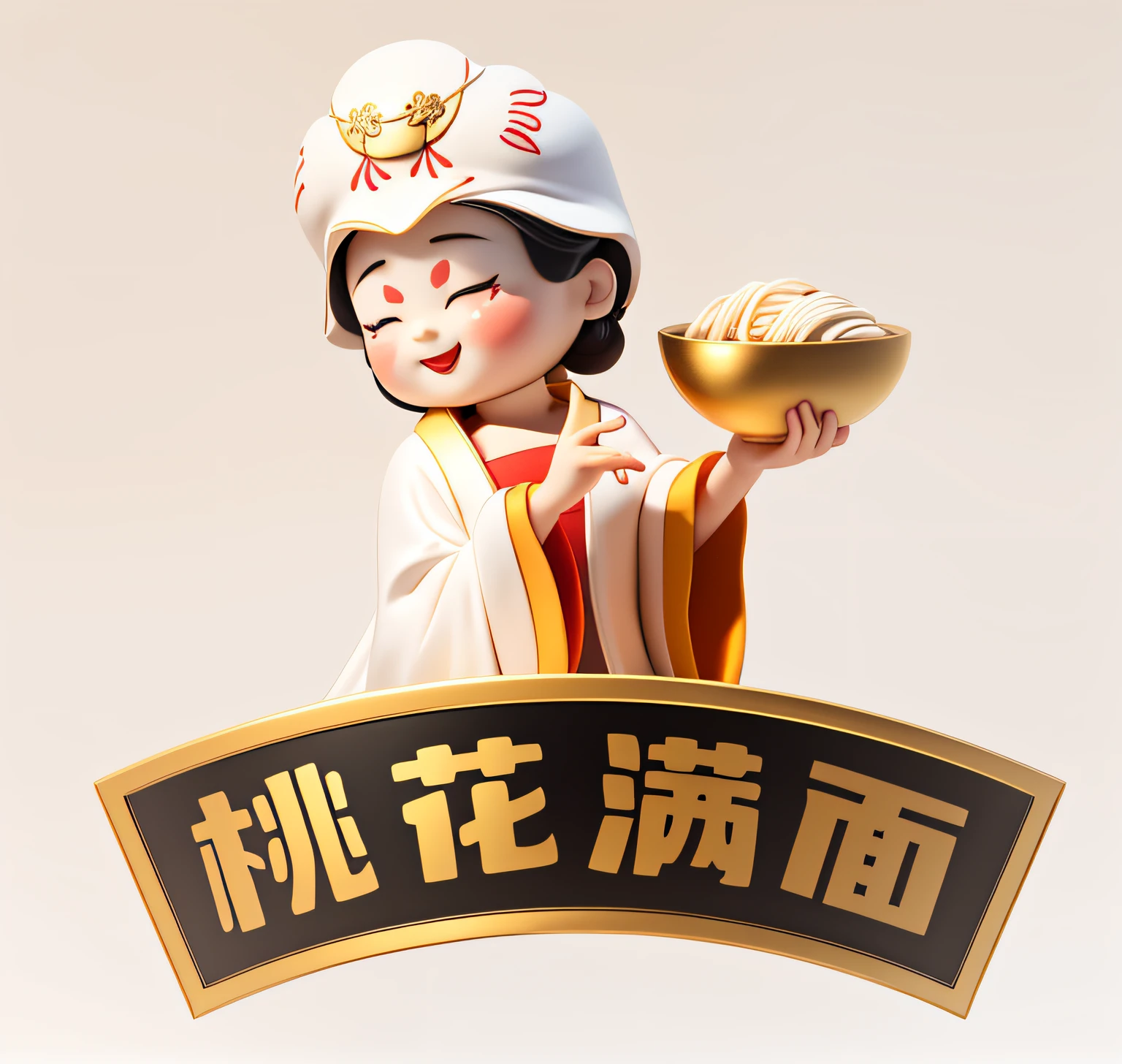 (Masterpiece),(Best quality),(Ultra detailed), Masterpiece, High quality, Best quality, 3Drenderingof, 1girll, Holding a bowl of noodles in his hand, Bright red bowl,Cherry small mouth, Squint and smile, (Black bun:1), (Black color hair:1),white backgrounid, Redlip, ssmile, The index finger of the right hand points to the bowl, golden headdress, Orchid finger, Chest covering, Tang dynasty lady,the Tang Dynasty,White underwear panties,white clothes,(Bright red bowl:1),white backgrounid,