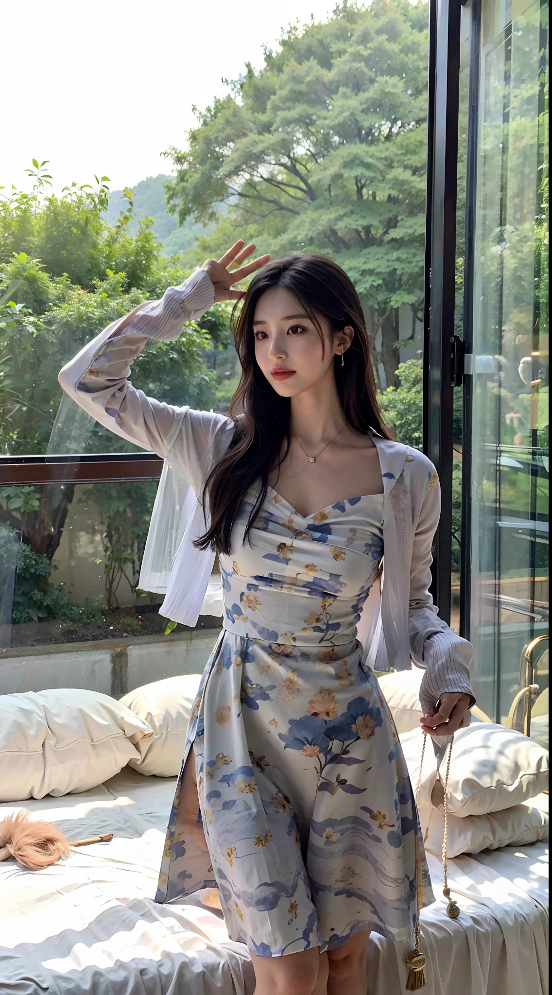 araffe woman in a dress standing in front of a window, bae suzy, korean women's fashion model, beautiful aesthetic, Open V chest clothes, dressed with long fluent clothes, Gorgeous lady, Gorgeous young Korean woman, Album art, wearing flowing dress, floating dress, 2 0 2 0 fashion, light half opened dress, smooth white tight clothes suit