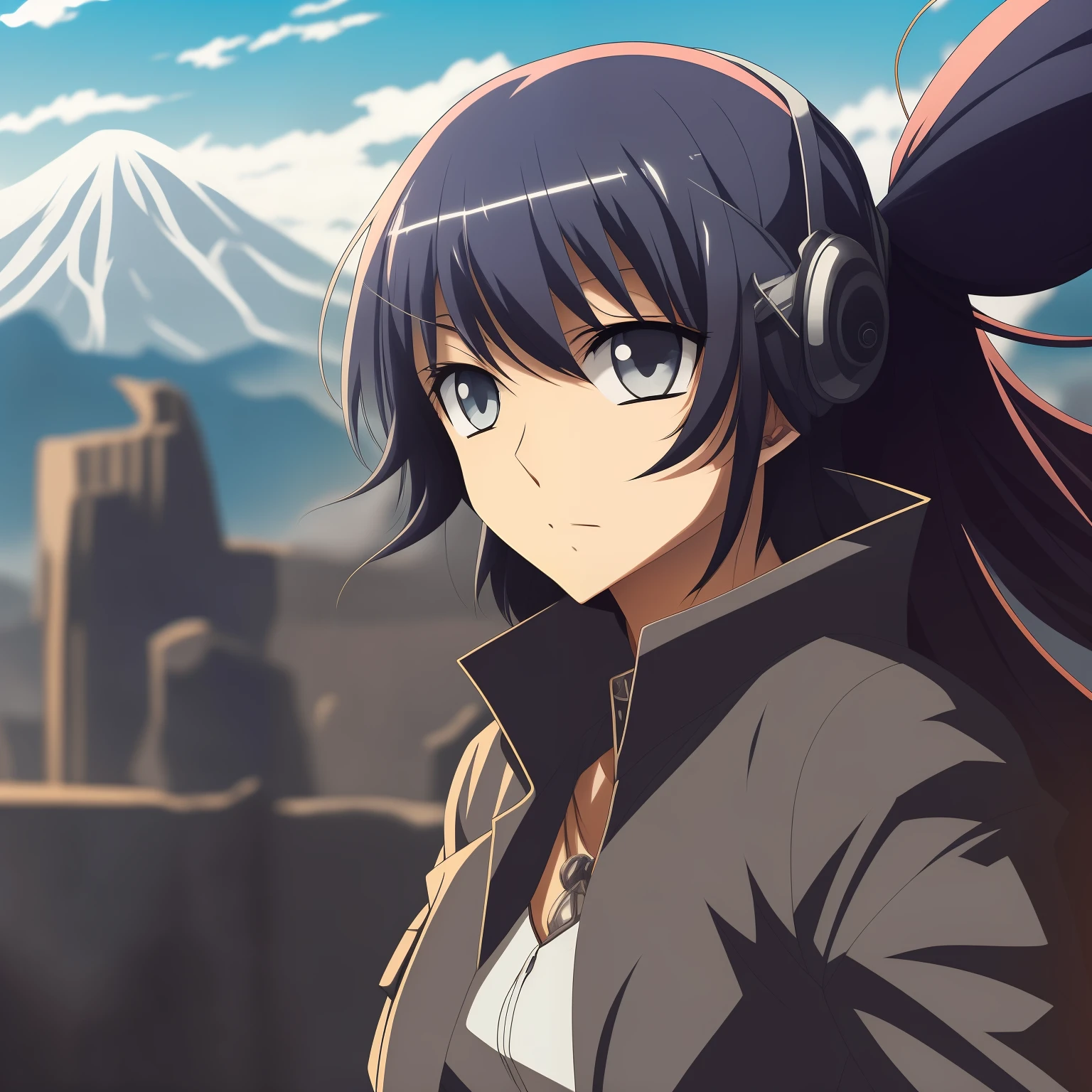 estilo anime, pose de batalha, Cyber warfare, liberdade, digital illustration, (estilo anime), anatomia perfeita, black rock shooter, altamente detalhado, Art Station, arte conceitual, Smooth, sharp focus, olhos bem formados, rosto bonito, quadris bem definidos, shy and seductive, olho esquerdo com chama azul, Chaotic scenario, buildings in the background destroyed, jaqueta de couro preta, detalhes de caveira fogo azul , beautiful scenery, hiper detalhado