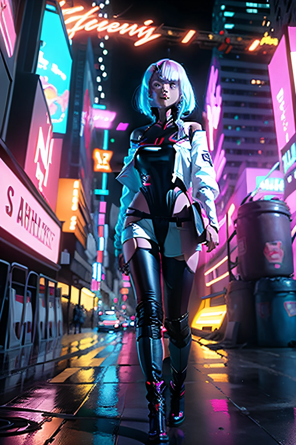 A girl walks alone on a street full of neon lights,The girl has short hair,Wear a tight trench coat,The slender thighs are wearing a pair of boots,
