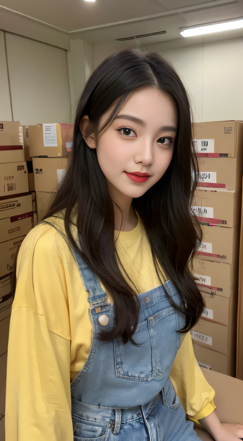 Best quality, 16K, masterpiece 1:2. A beautiful girl with yellow Tshirt, jeans (Alluring figure), black hair, brown eyes, Her eyes shine, interact with the light, and reflect joy in her gaze., high nose, luscious red lips, and a captivating smile. many boxes and packet in the ground. She is in the Post office. Upper body, masterpiece, superlative, (realism: 1.7), high resolution, long hair, round face, packages, boxes, hanstyle, hanfu