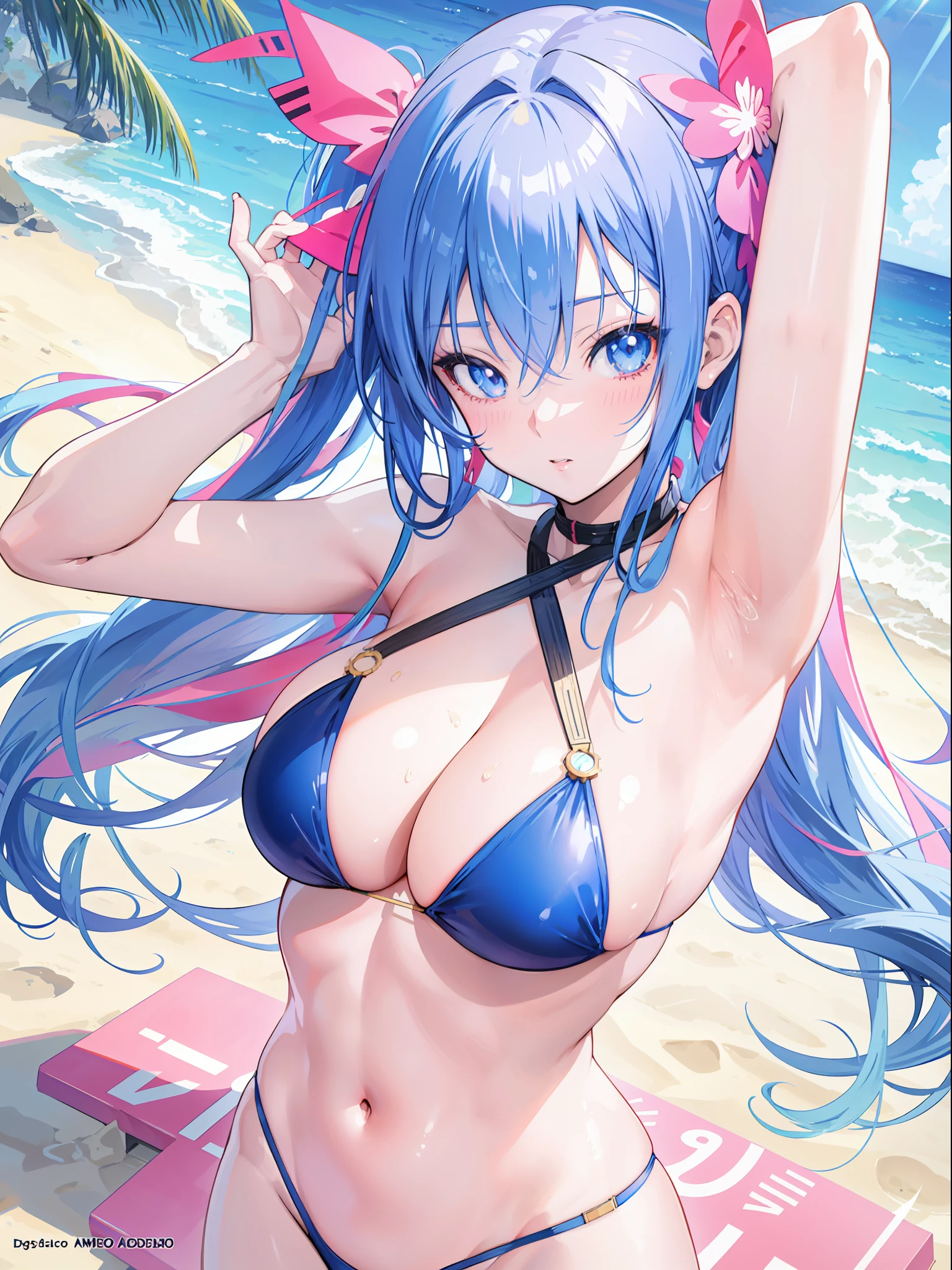 anime girl in bikini with blue hair on the beach, seductive anime girl, extremely detailed artgerm, beautiful anime girl. detailed digital anime art, smooth anime cg art, swimsuit, attractive anime girl, armpit, cute pose, beautiful breasts, hand on the hair