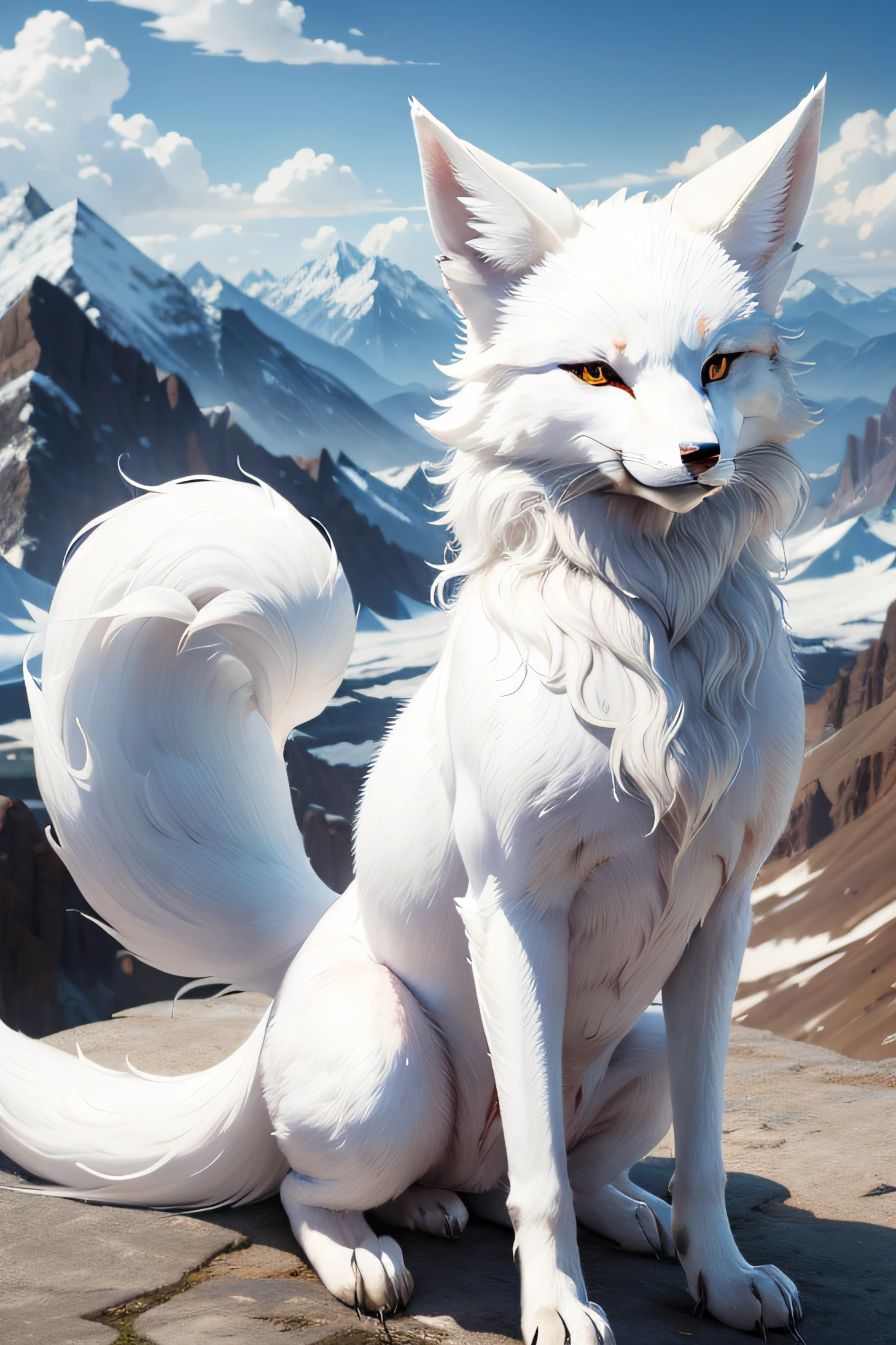 Nine-tailed white fox,Cute and cute,k hd,High mountains in the background,with blue sky and white clouds,dream magical