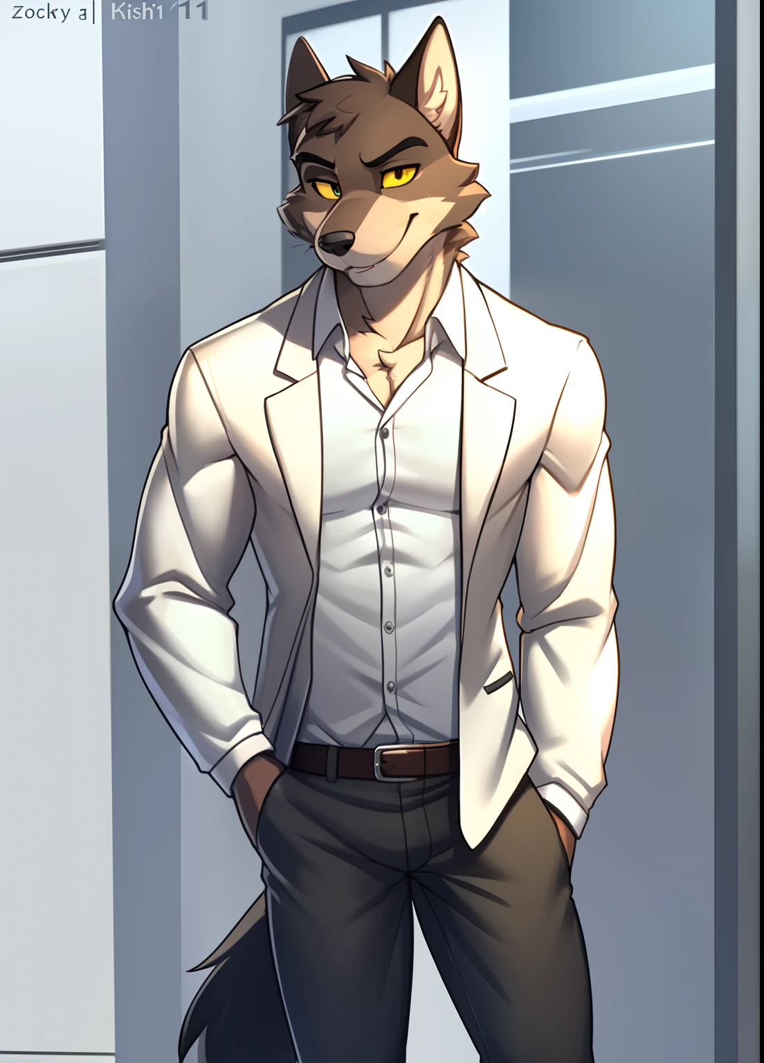 Mr. Wolf， 独奏， The shirt， longer sleeves， standing on your feet， White jacket， white  shirt， malefocus， open clothes， collared shir， thongs， trouser， Open jacket， formal， Business suit， Brown jacket， Hands in pockets， The shirt is tucked in， Brown belt， bodyfur， grey pants， Brown pants， yellow sclera， two tone fur， by Zackarry911， by Zaush， （By the individual：0.5）， （Soft shadows）， 4k， A high resolution， detailedeyes，Exposed abs，Exposed pectoral muscles