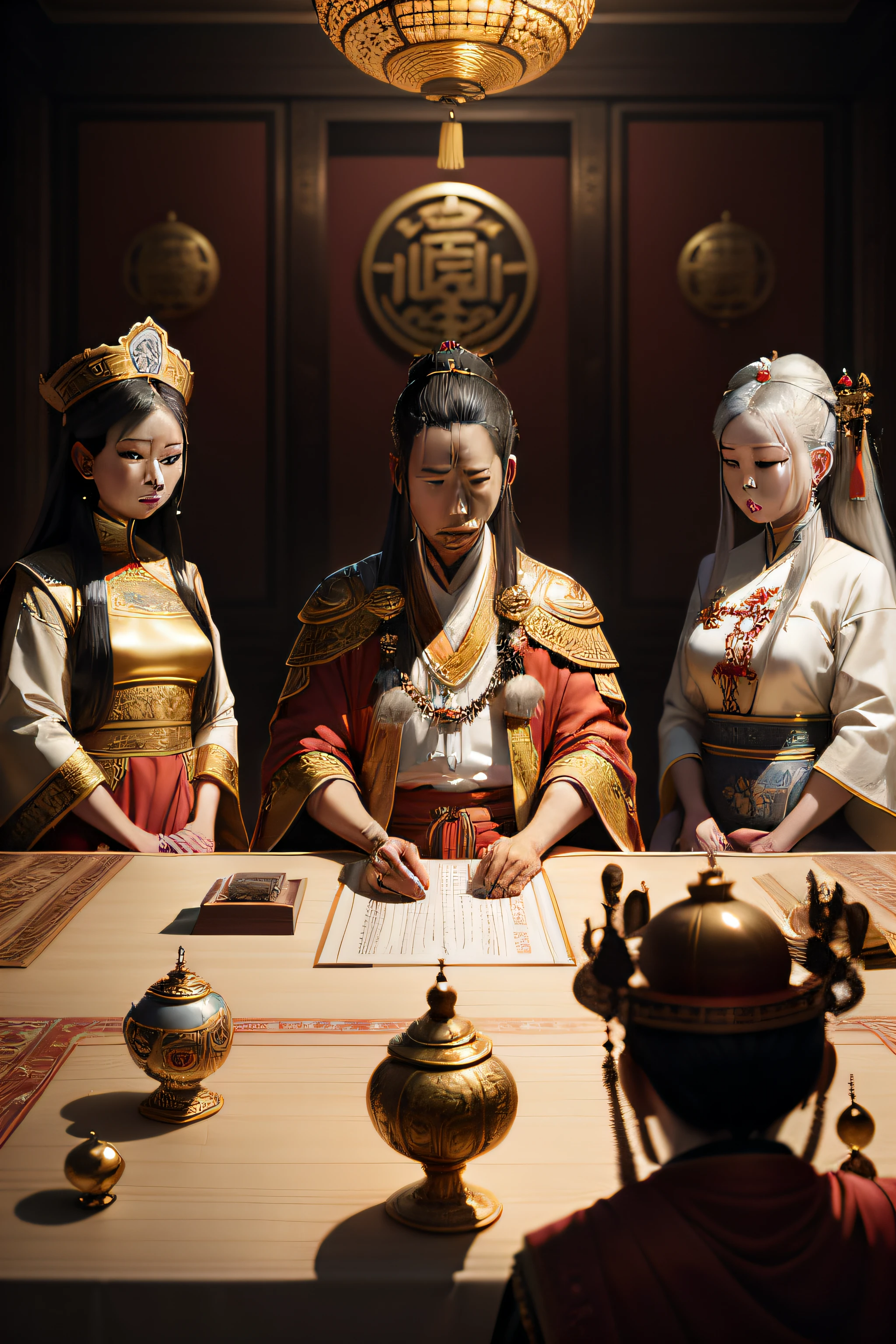 in the style of meticulous photorealistic still lifes, chinese traditional, staged photography, primitive figurines, uniformly staged images, high quality photo, hieratic visionary, a grand palace council is depicted. The scene shows a regal chamber with ornate decorations. Ministers and advisors stand in a circle, discussing important matters. The central figure, King Xuan, sits on a throne, deep in thought as he listens to the discussions. Hieratic visionary portraits of the council members emphasize their significance.