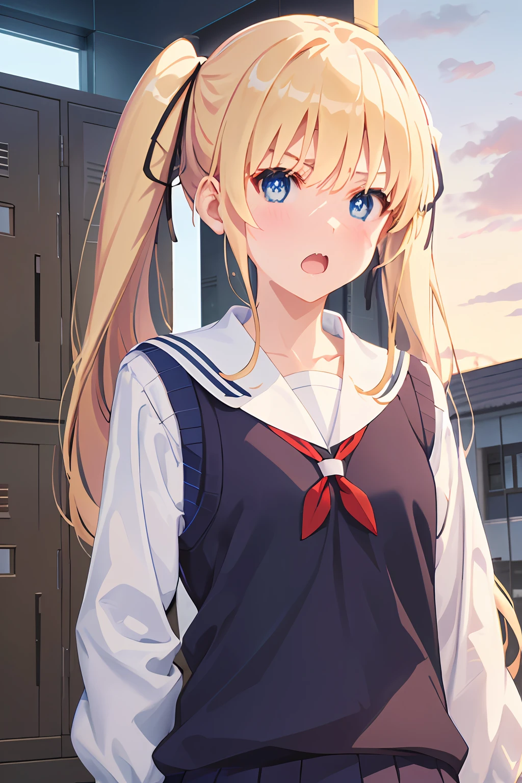 ph_eriri, sawamura spencer eriri, 1girl, blonde hair, blue eyes, school uniform, twintails, solo, fang, long hair, open mouth, hair ribbon, locker, anime coloring, parody, serafuku, blush, bangs, sweater vest, black ribbon, cloudy sky, sky, trees, (masterpiece:1.6, best quality), (finely detailed beautiful eyes: 1.2), 
, (masterpiece:1.6, best quality), (finely detailed beautiful eyes: 1.2),