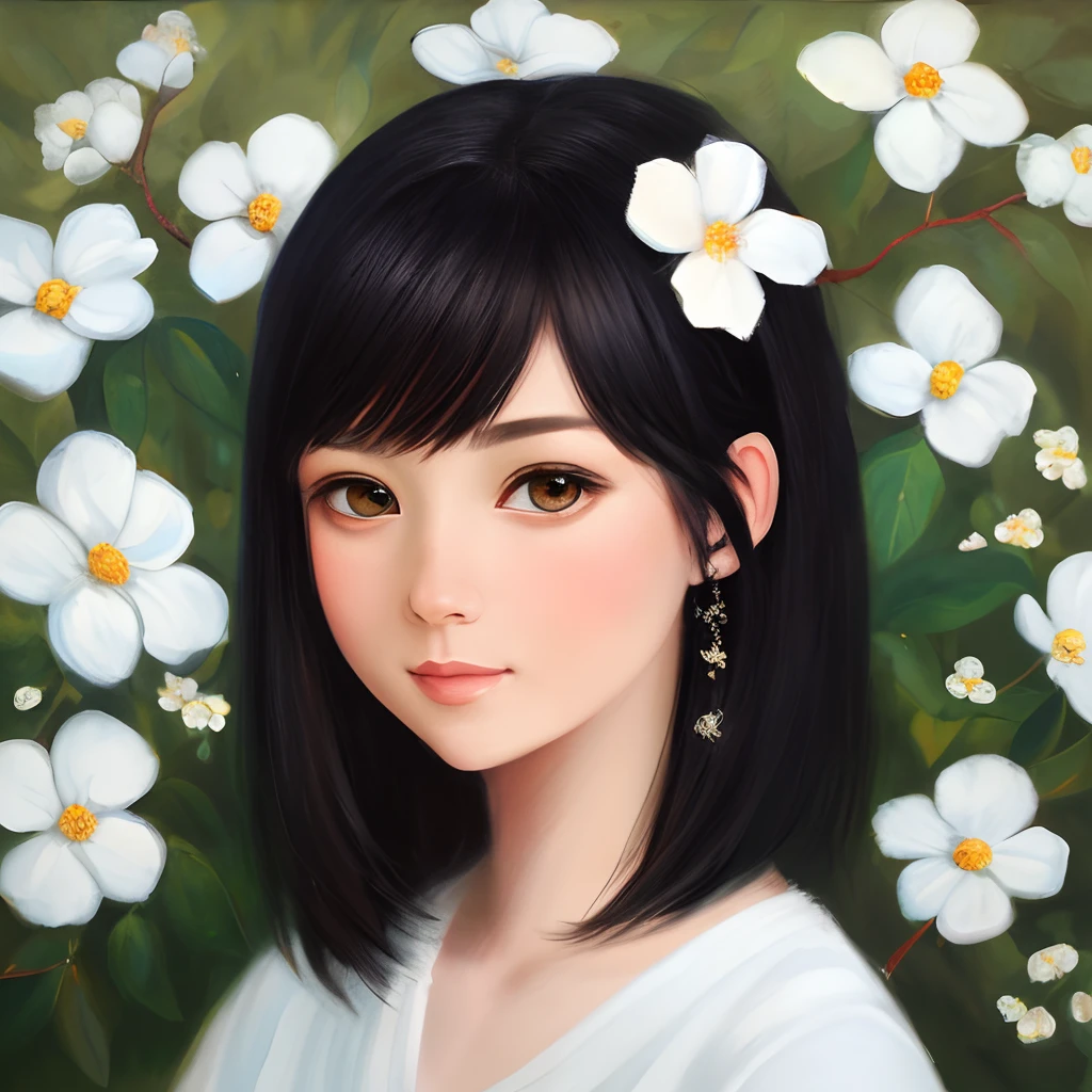 Black-haired, white-eyed girl/jasmine flowers/European/Oil painting style