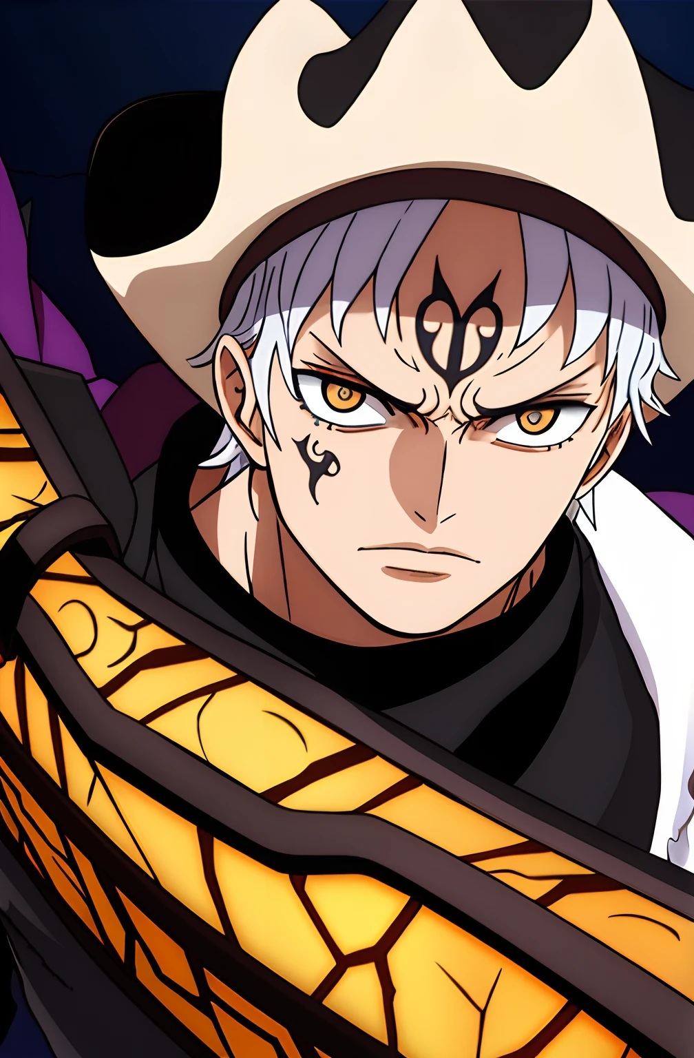 full-length portrait | detailed face | symmetrical | intricate details | proportionate | hyper-realistic | dramatic lighting | digital artwork | conceptual design | Wanokuni style, 1boy, Wano fashion, silver hair, untamed locks, stern expression, cowboy hat, direct gaze, piercing HAKI eyes, upper torso, masterwork quality, shallow depth of field, intense brows, sharp focus, soft ambient light, vibrant colors, dynamic composition, striking, long tattered poncho, anime screen shot, poised for combat, unique Wanostyle, diagonal scar on cheek, scope over one eye, facial scar, lone ronin, Trafalgar D. Water Law, formal collared shirt, distinctive facial tattoo, weathered complexion, twin katana sheaths, engraved belt emblem, aged leather gloves, worn leather boots