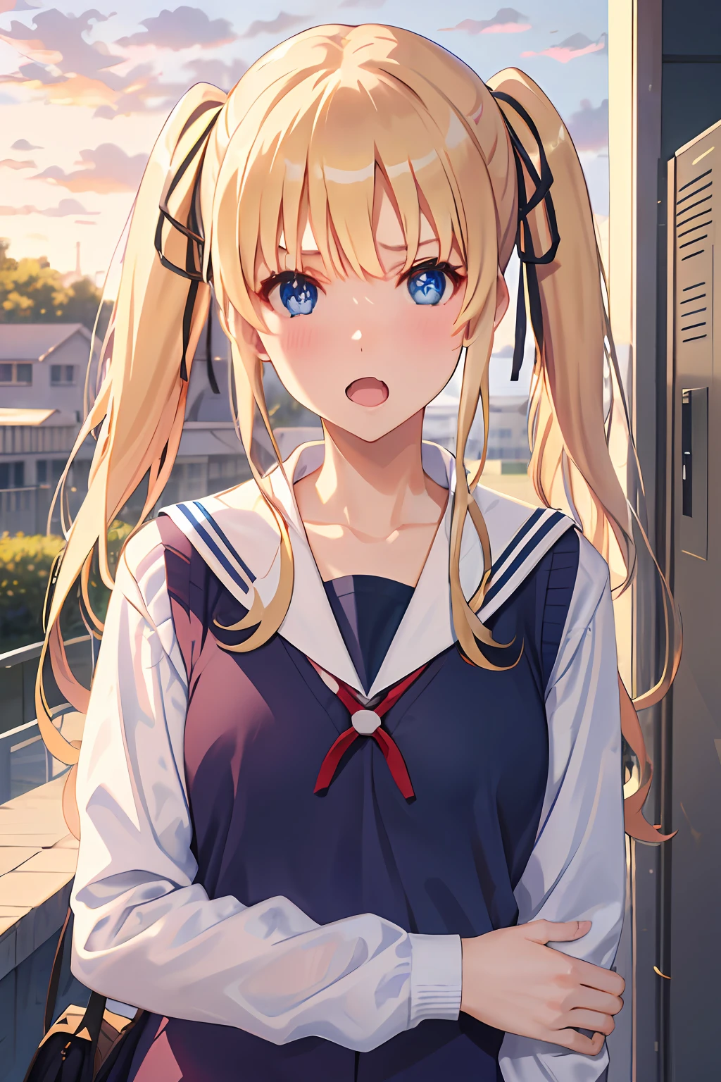 ph_eriri, sawamura spencer eriri, 1girl, blonde hair, blue eyes, school uniform, twintails, solo, fang, long hair, open mouth, hair ribbon, locker, anime coloring, parody, serafuku, blush, upper body, bangs, sweater vest, black ribbon, cloudy sky, sky, trees, full body,
, (masterpiece:1.6, best quality), (finely detailed beautiful eyes: 1.2),