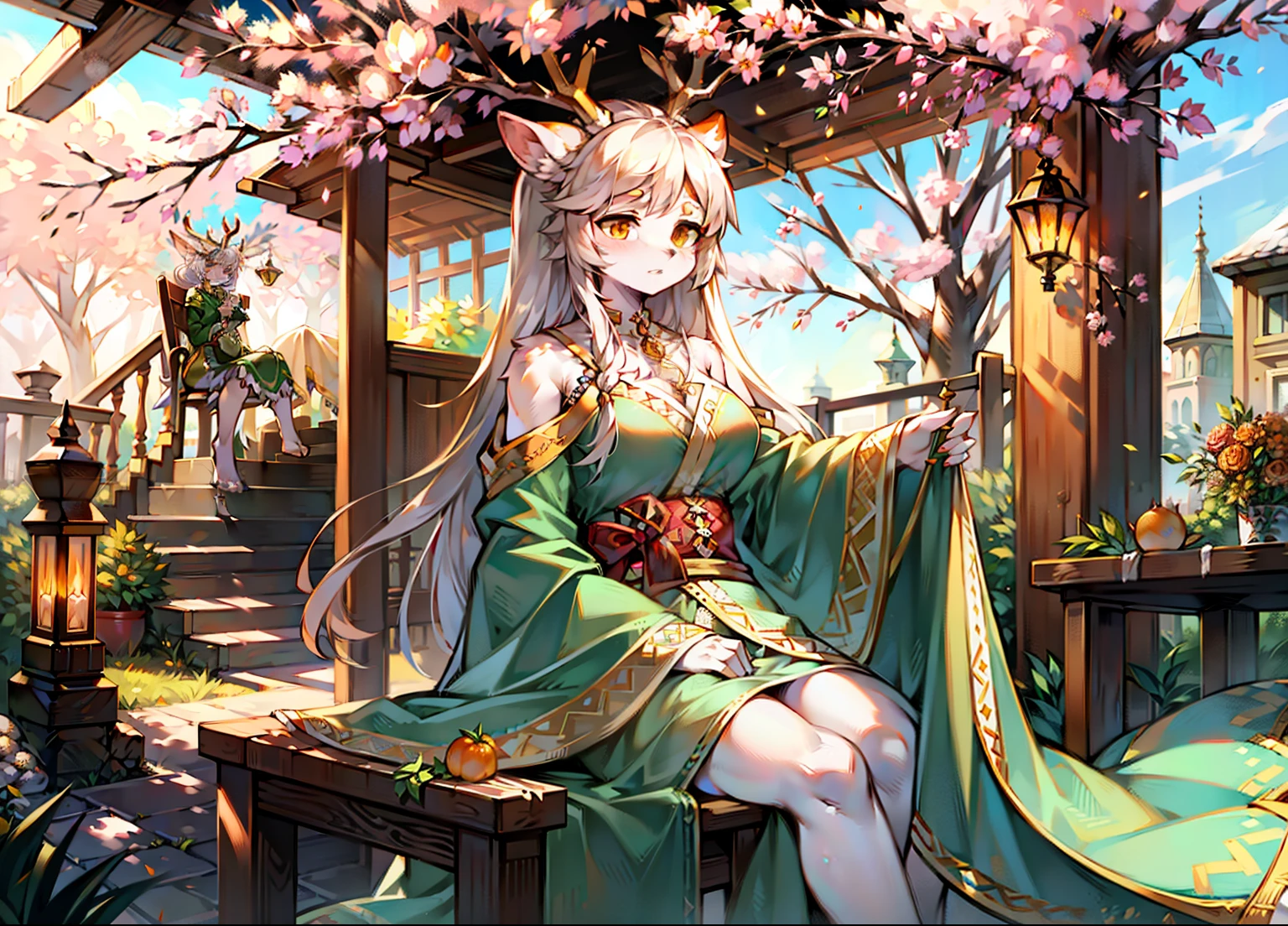 Adult white deer,femele,Sewing,Sit in the gazebo,long whitr hair,Weaver,Sewing,Green robe,Huge antlers,gentleness,Sewing,mothers,k hd,naive,A few oranges on the table,There are several books on the table,Sewing,oranges,Oranges grow on trees,A peach tree and an orange tree,White color hair,monocle,oranges