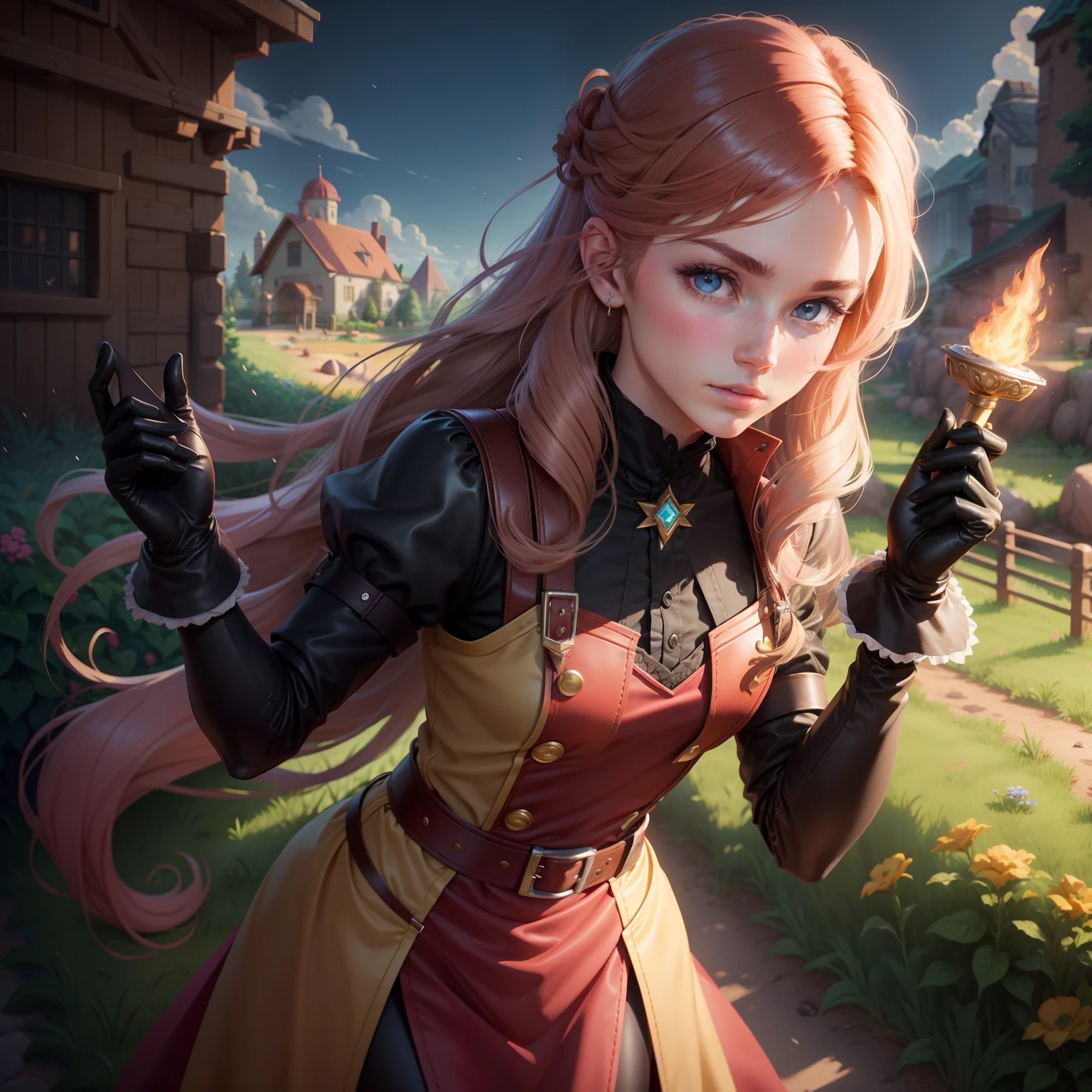 Stardew Valley style，gorgeous color，axonometric，youth，whaite hair，long whitr hair，Red eyes，Hand strap black leather semi-wrapped gloves，Take the scepter
