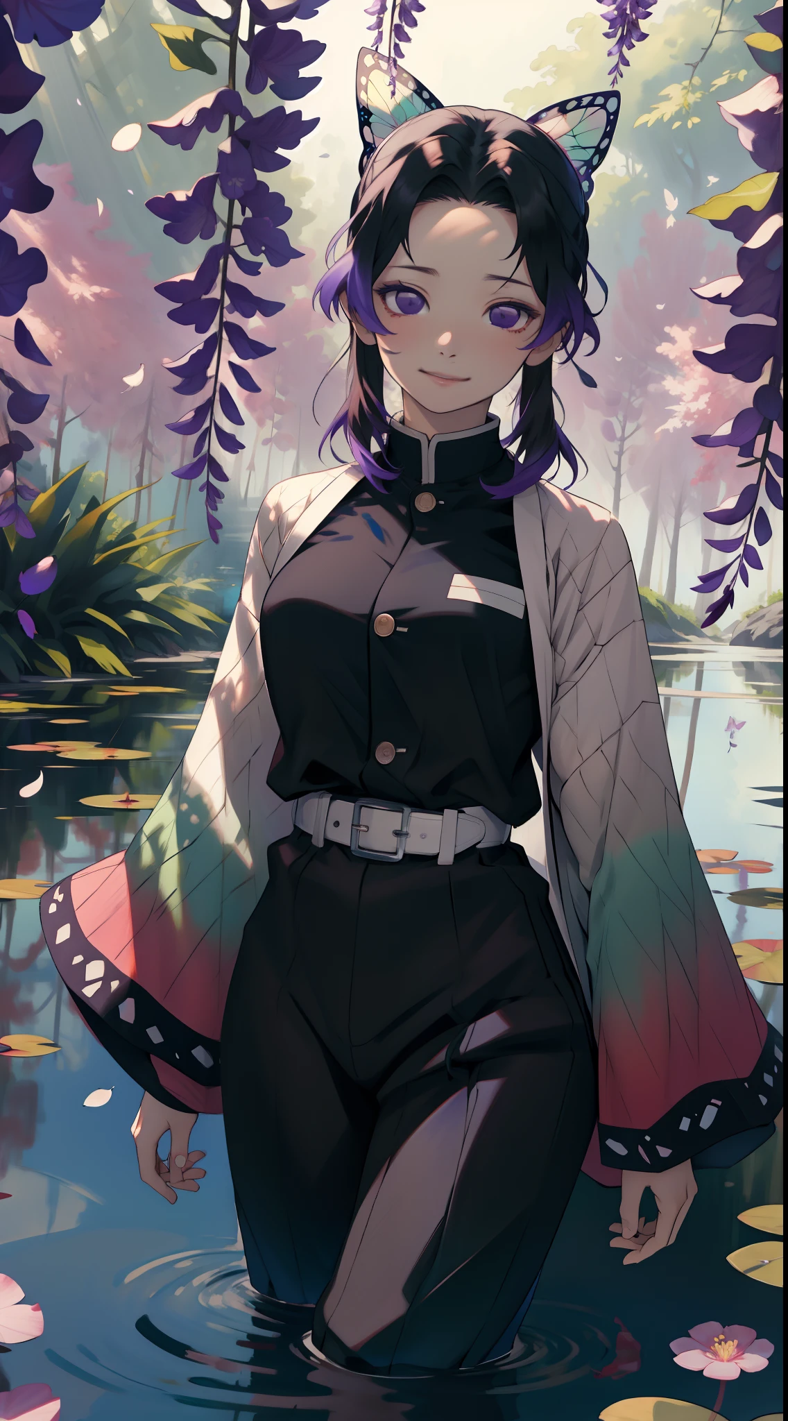 masterpiece, best quality, ultra-detailed, 1girl, solo, kochou shinobu, multicolored hair, no bangs, hair intakes, purple eyes, forehead, wisteria, black shirt, black pants, haori, butterfly, standing waist-deep in the crystal clear water of a tranquil pond, peaceful expression, surrounded by lush green foliage and wildflowers, falling petals, falling leaves, large breasts, cowboy shot, buttons, belt, light smile,