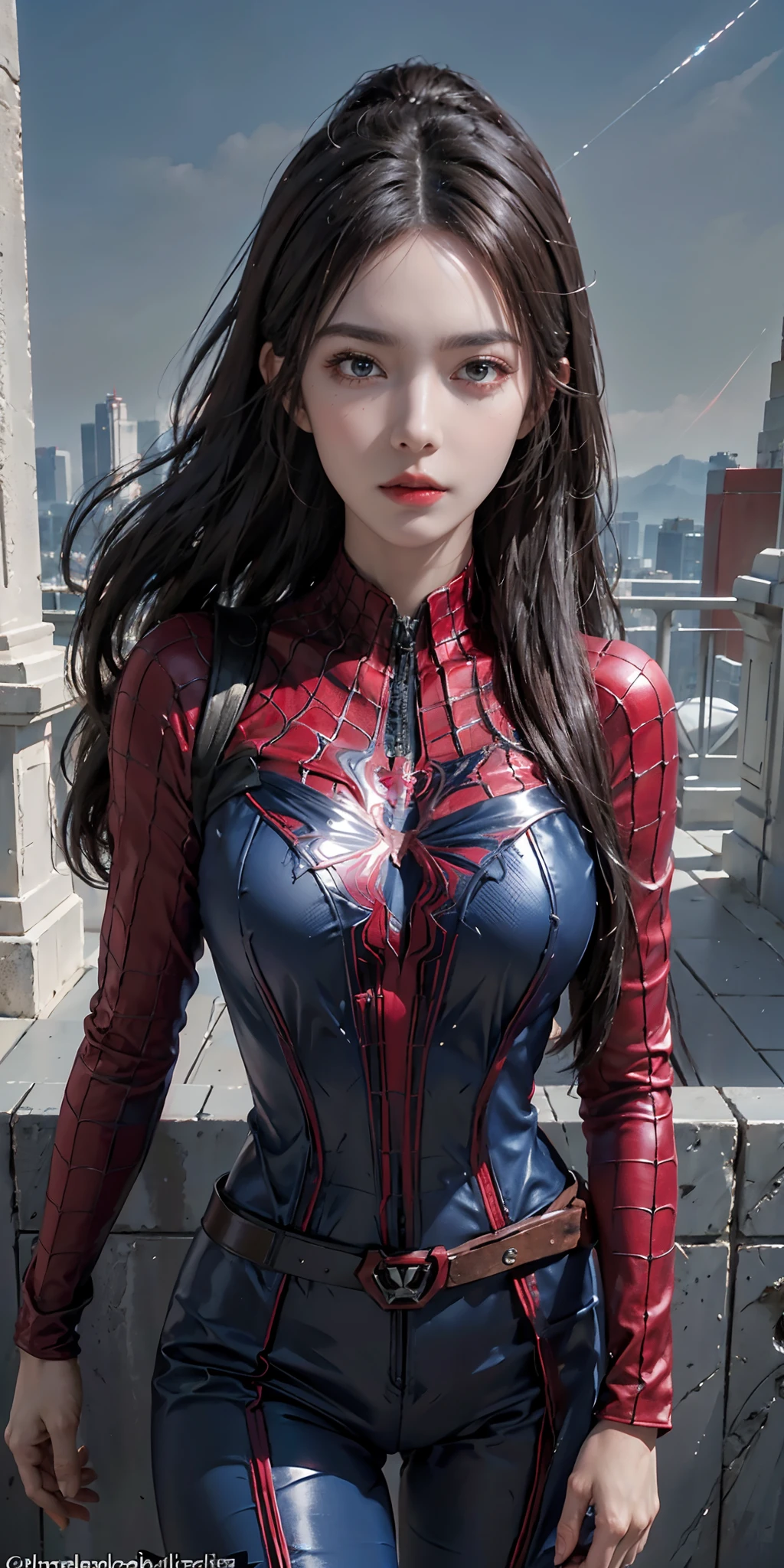 (wearing spiderwoman_cosplay_outfit:1.1), in front of a sky, (red and blue outfit:1.3), good hand,4k, high-res, masterpiece, best quality, head:1.3,((Hasselblad photography)), finely detailed skin, sharp focus, (cinematic lighting), night, soft lighting, dynamic angle, [:(detailed face:1.2):0.2], medium breasts, outside,