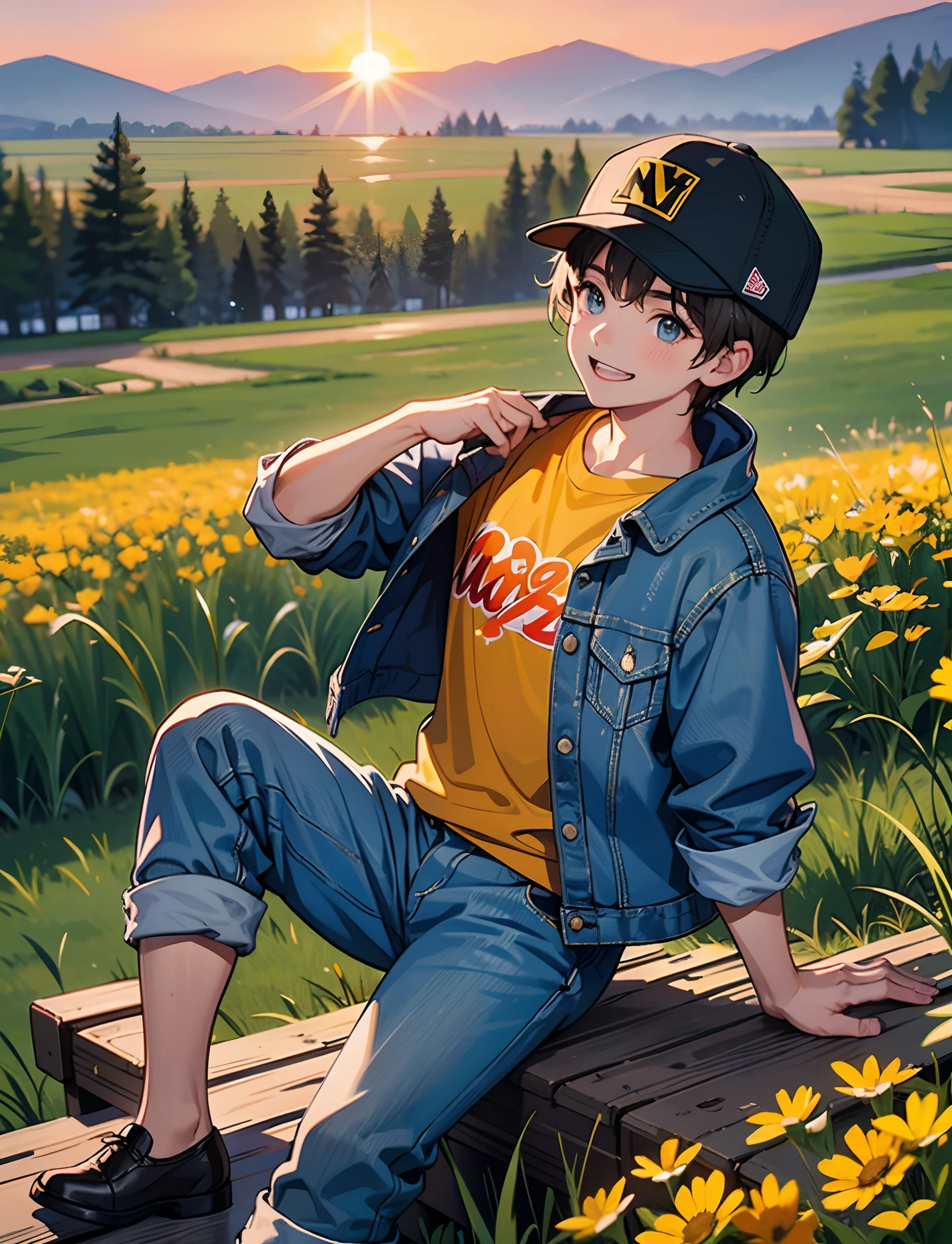 A happy little boy，Wear a denim jacket，With a baseball cap，Sit on the rocks of the meadow，Looking at the sky，Sunset and sunset，HD，Ultra-high definition