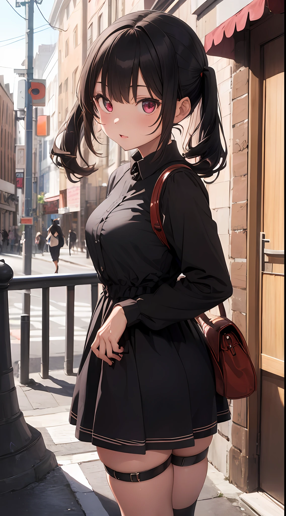 girl, gothic dress, girl, solo, twintails, shirt, thigh strap, bag, sleeves past wrists, black shirt