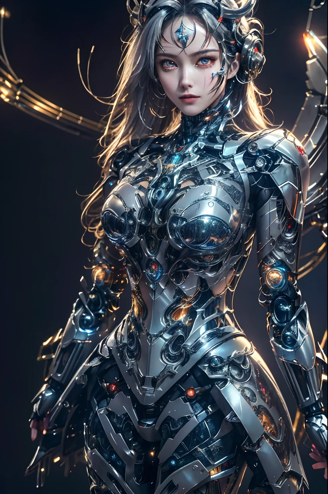 masterpiece,best quality,ultra-detailed,very detailed illustrations,extremely detailed,intricate details,highres,super complex details,extremely detailed 8k cg wallpaper,cowboy shot, caustics,reflection,ray tracing,demontheme,nebula,dark aura,cyber effect, (1girl:1.4),solo,alone,mecha musume,mechanical parts, robot joints,single mechanical arm, headgear, mechanical halo,star halo,intricate mechanical bodysuit, mecha corset, kimono, full armor, very long hair,white hair, hair between eyes, multicolored hair, colored inner hair, red eyes,glowing eye,eye trail, random expressions,random action, ancient japanese architecture,pond, starry sky,skyline,