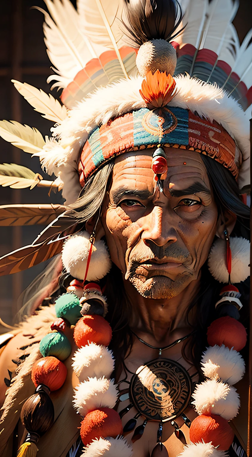 Old Indian shaman totempunkai wearing a feather headdress, olhos altamente detalhados, olhos castanhos,