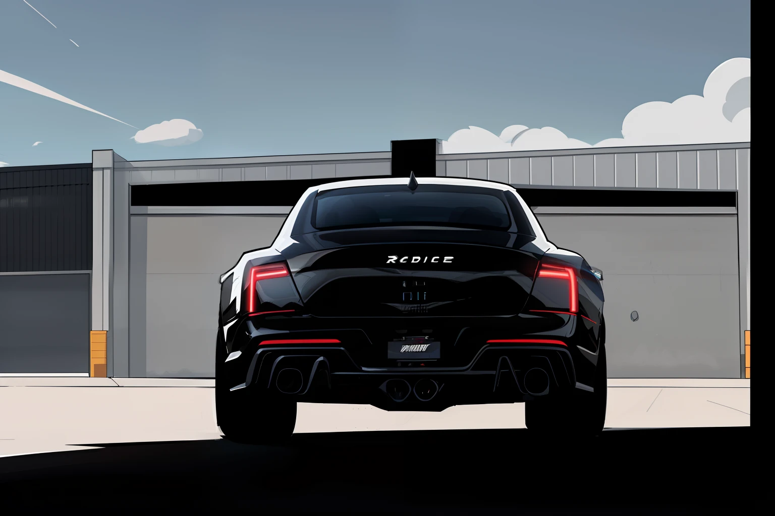 backside view of a black rolls royece car, parked infront of a warehouse, comic book style, flat shaded, prominent comic book outline linework