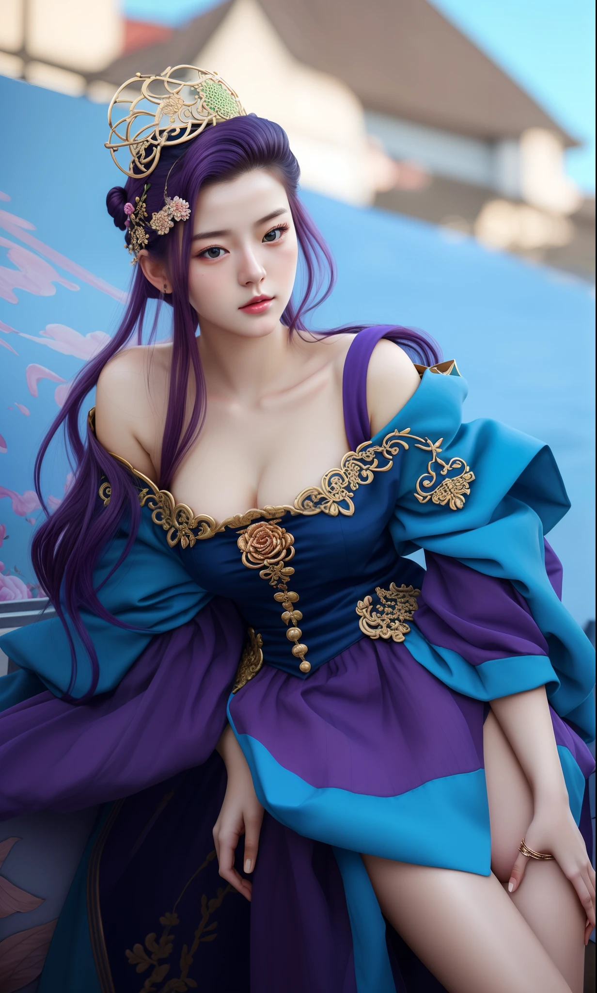 (hyperrealistic), (illustration), (high resolution), (8K), (extremely detailed), (best illustration), (beautiful detailed eyes), (best quality), (ultra-detailed), (masterpiece), (wallpaper), (photorealistic:1.4), (natural light), (rim lighting), (detailed face), high detailed realistic skin texture, anatomically correct, solo, 1 girl, (high detailed realistic long dark purple hair:1.25), (beautiful Rosy Zhao:1.5), (beautiful cute European girl:1.7), heterochromic eyes, (detailed green eyes), small moles under the eyes, (big breasts:1.5), long legs, tight abs, dynamic pose,
