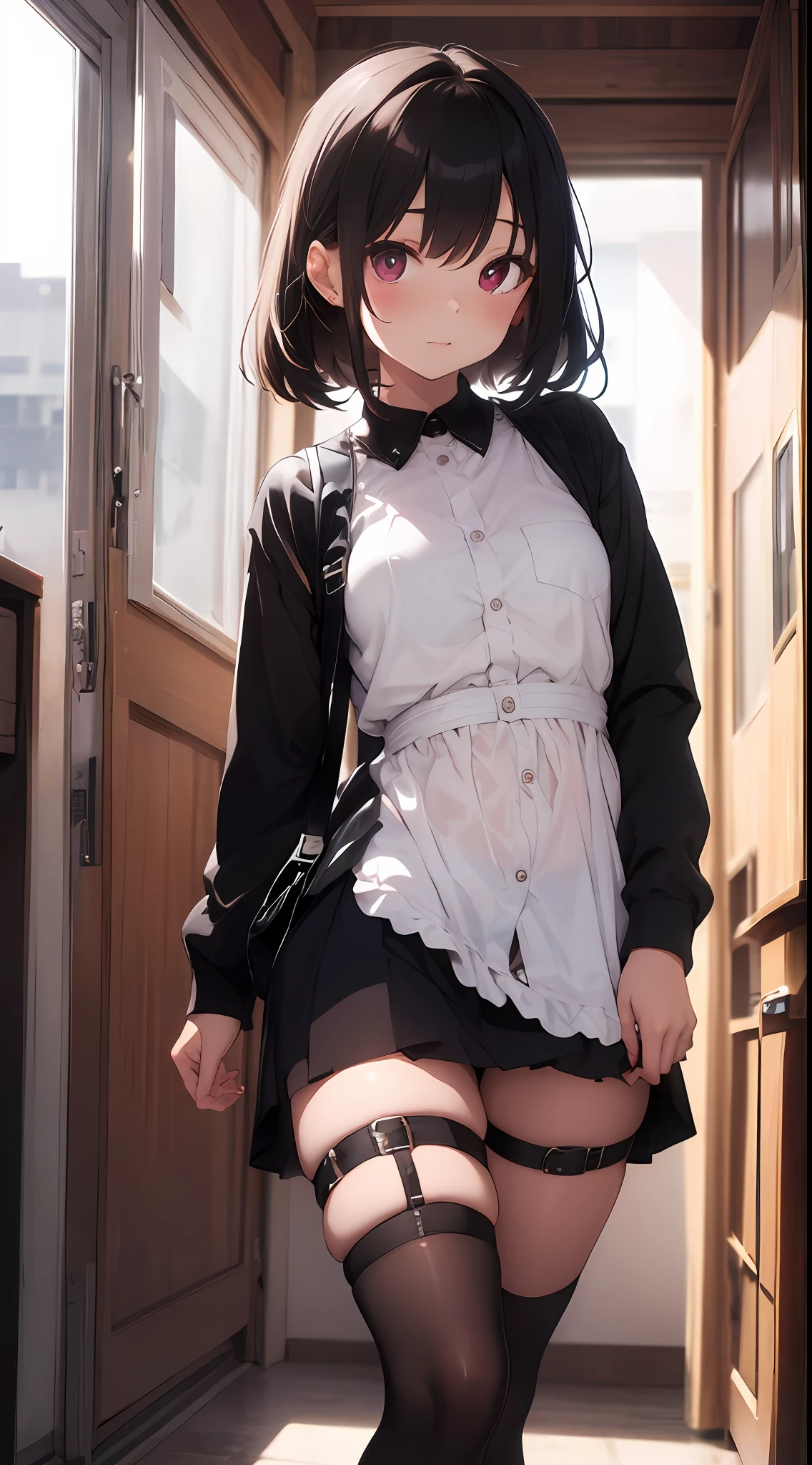 Lustful Girl, gothic dress, Estrus girl, Solo, Twin-tailed, Shirt, Thigh strap, Bag, Long sleeves, Black shirt、skirt rift。White underwear、Sheer underwear