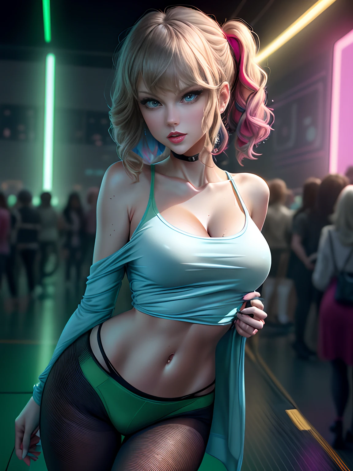 portrait lone (Taylor Swift) as (buruma_brief_older Buruma_DBZ_Buu)1.4, (cleavage large_breasts, stylish long haircut, very silky tops, micro pant, pantyhose)1.2 background neon street)1.2, speed walking, front view, (high detailed skin:1.2)(realistic pupils,realistic iris:1), 8k, aqua_hair, studio lights, glowing colors, glowing skin, pastel color, colorful, many different colors, (red:1.3, green:1.1, blue:1.2) different position