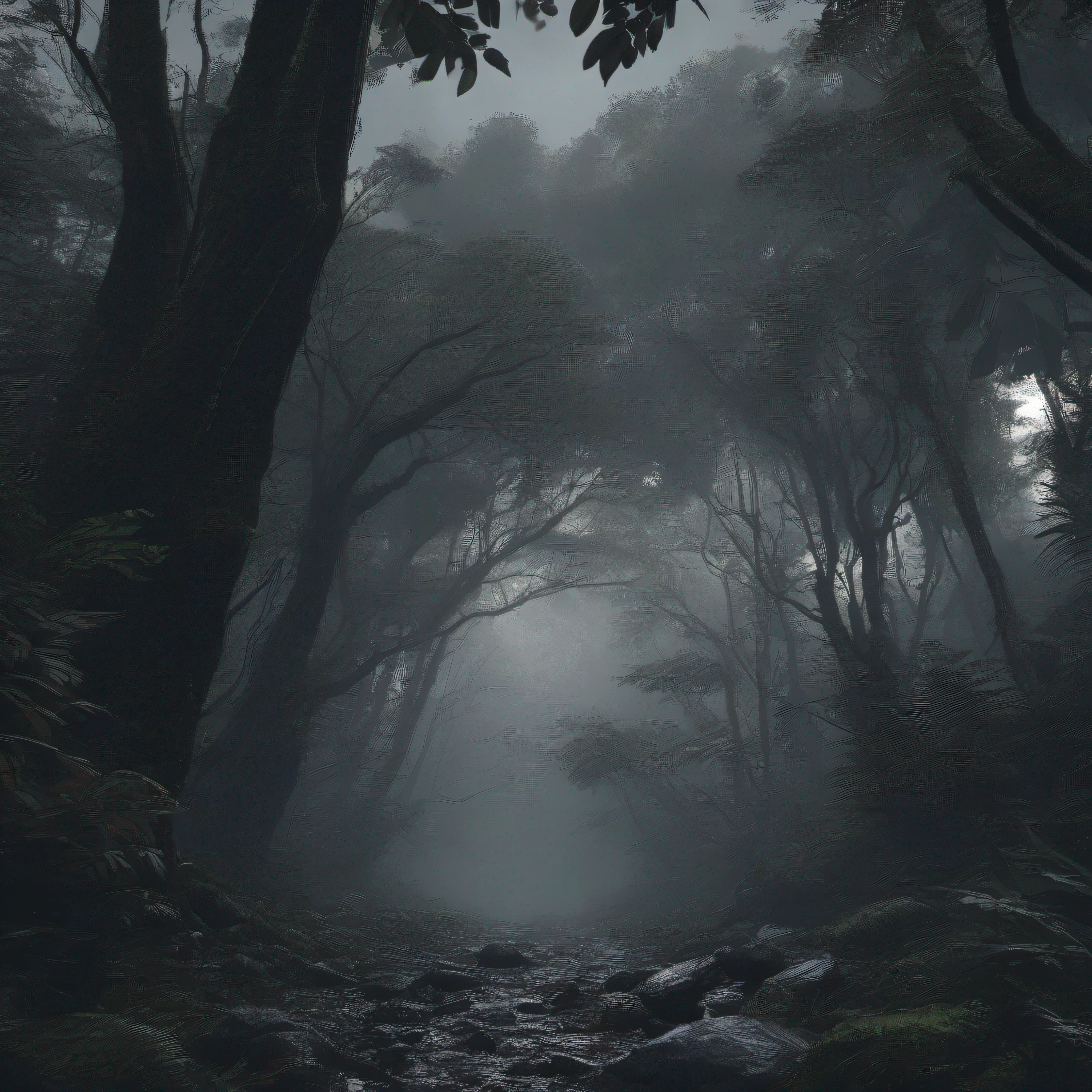 (masterpiece:1.2), (8k:1.2), thick forest, (dark:1.3), (eerie:1.1), (forest:1.4), jungle