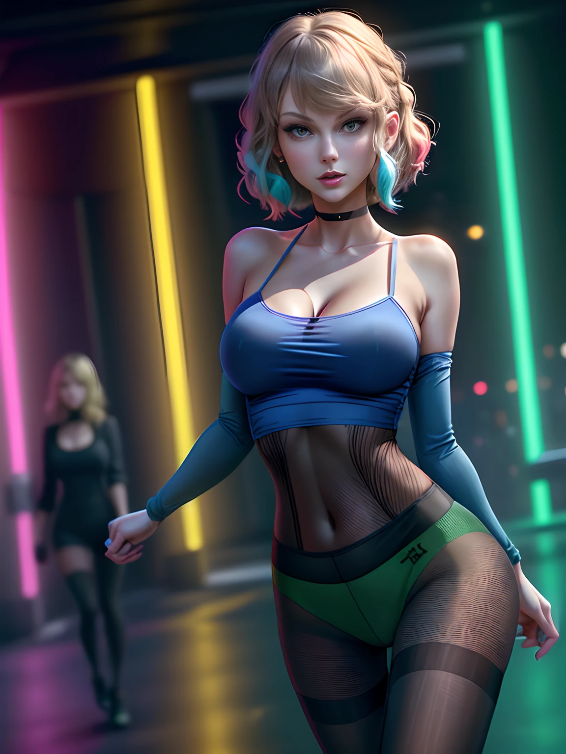 portrait lone (Taylor Swift) as (buruma_brief_older Buruma_DBZ_Buu)1.4, (cleavage large_breasts, stylish long haircut, very silky tops, micro pant, pantyhose)1.2 background neon street)1.2,  speed walking, front view, (high detailed skin:1.2)(realistic pupils,realistic iris:1), 8k, aqua_hair, studio lights, glowing colors, glowing skin, pastel color, colorful, many different colors, (red:1.3, green:1.1, blue:1.2) different position