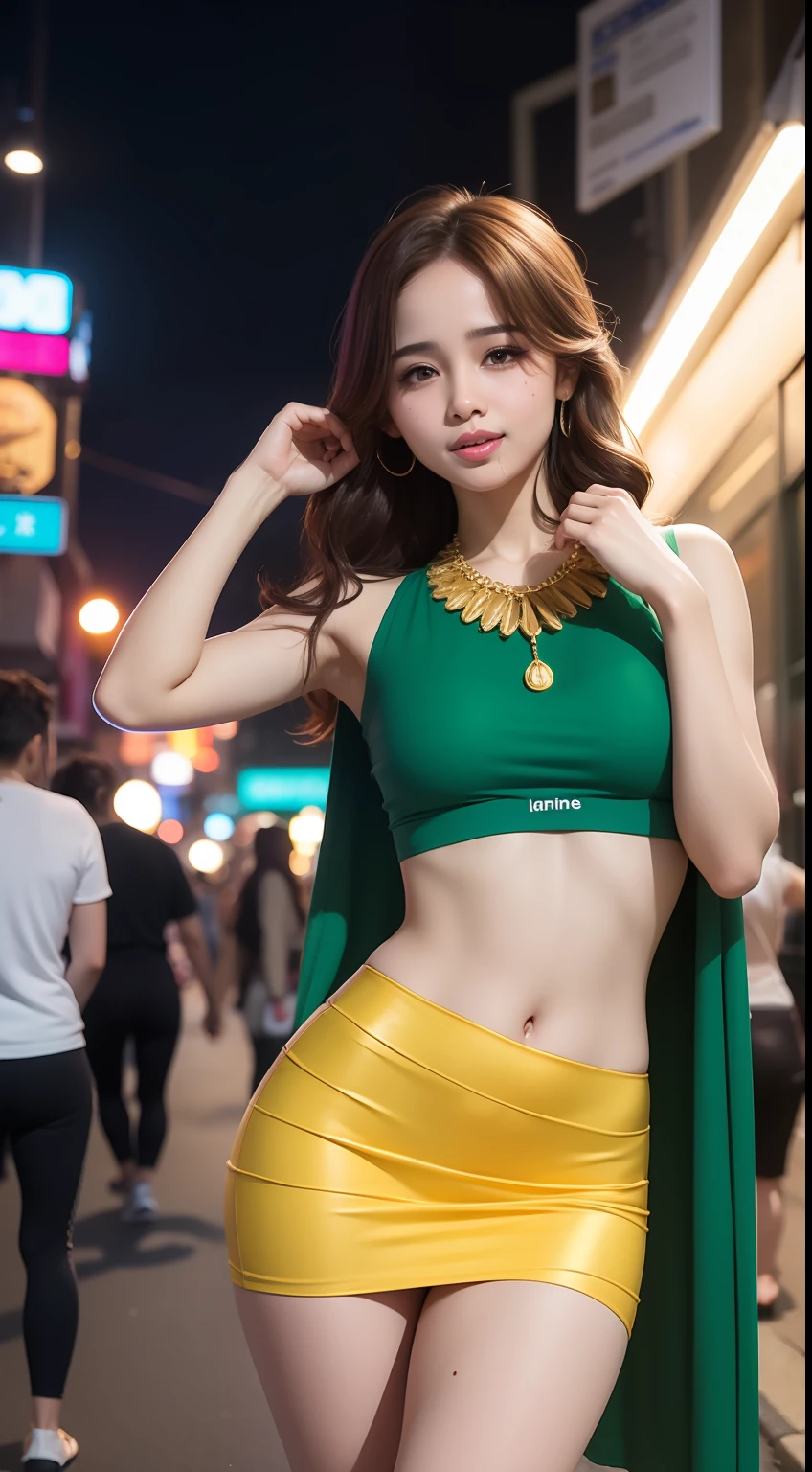 Emma maembong wearing green hijab standing and one Hands in the Air on the city street, white small tanks tops, green pleated short skirt, white leggings underneath skirt, nighttime, crowded street background, blur background, bright lighting, portrait photography, nighttime, laughing,small breast, small waist, small head, skin spots, acnes, skin blemishes, short petite body, wide hips, thick thighs, long leg, thick leg, sexy pose, bright lighting, mole below eyes, skin spots, acnes, skin blemishes, age spot, detail skin texture, skin detail, skin wrinkle detail, dark brown skin, gold necklace,