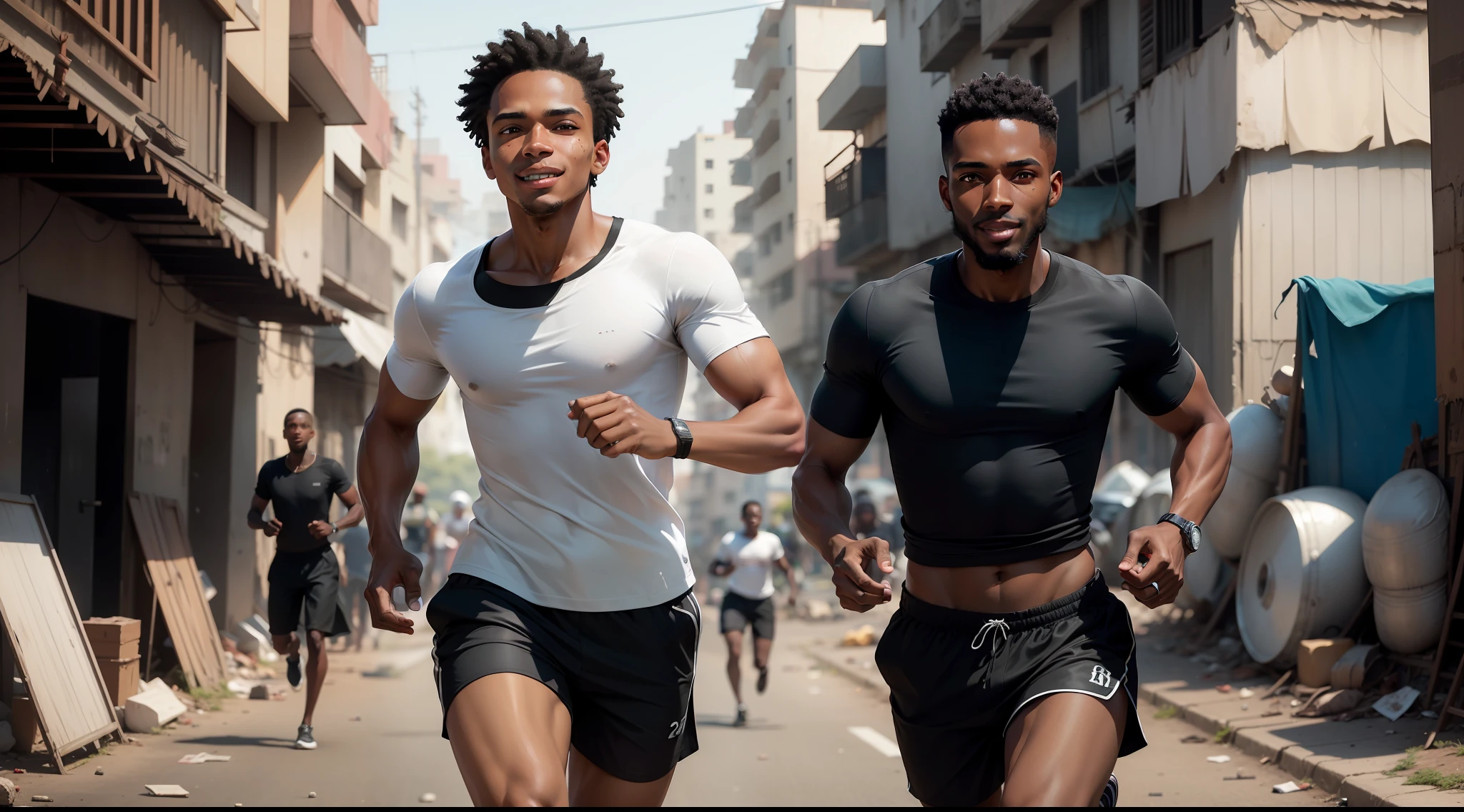 Ultra realistic 8k image of a thin, 25-year-old black man, black and very short hair, dressed in a simple white blouse and black shorts, crazy smile, running through a slum, bullets passing by his side