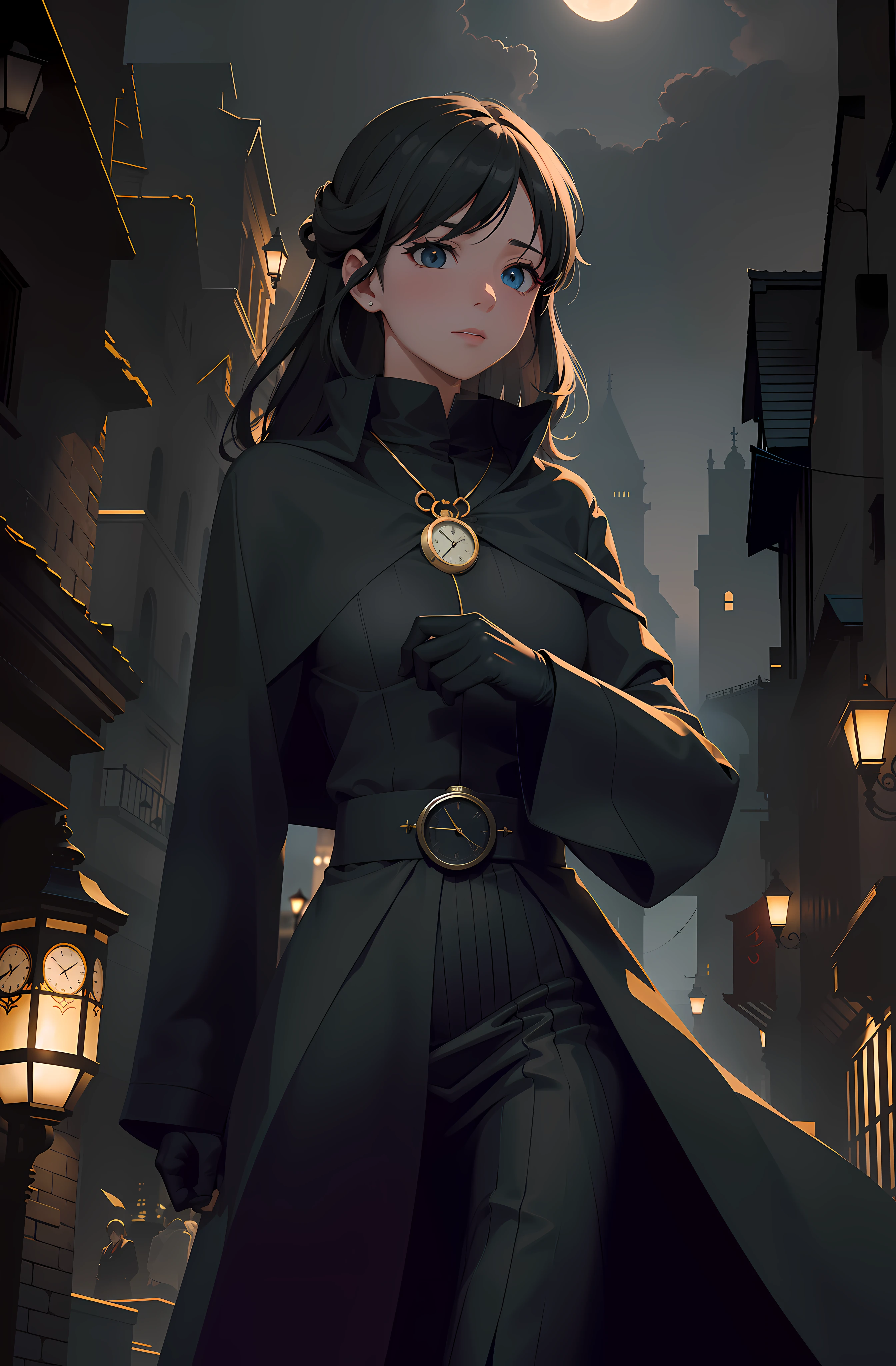Enigmatic young white japanese anime character navigates the dark paths of nighttime London. Coberto por um elegante sobretudo, its ebony fabric swells like the tendrils of the night itself, as they glide over the millennia-old cobblestones. Sob o manto, A meticulously tailored suit weaves a symphony of intricate patterns, cada ponto um sussurro de enigma. Dark gloves cover hands, a tactile enunciation of hidden intentions.In the heart of the city, obscured by a dense shroud of mist, Iconic landmarks dissolve into the abyss, while the ethereal glow of the twinkling gas lamps casts an almost supernatural glow. The shadows dance with a sinister grace, choreographed by an invisible hand, adding to the prevailing air of mystery.In the middle of this atmospheric screen, os olhos do personagem brilham como obsidiana polida, reflecting unwavering determination and inscrutable purpose. Your pocket watch, A relic of occult motive, Captures and releases ephemeral flashes of ligh.
