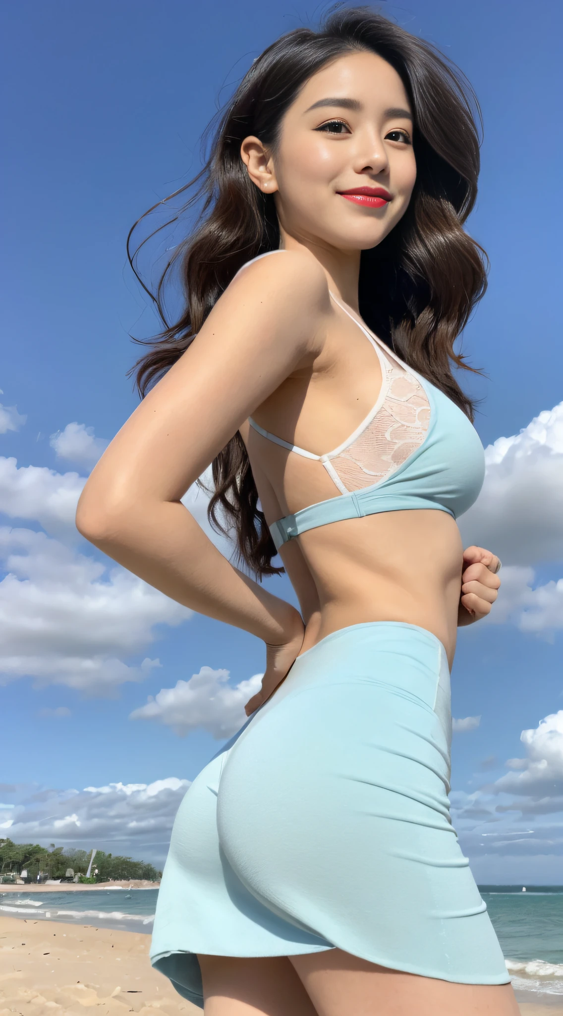 Works of masters,Ultra-clear image quality,Better quality,high detal,8K,Delicate and detailed facial features,Exquisite and detailed face shape,Heavy makeup,Absolutely beautiful(In the daytime, Need, tmasterpiece:1.3,A high resolution)), long leges, Focalors:1.2,(( with blue sky and white clouds:1.2)), Highly detailed face and skin texture,Bright red lips, Movie lighting, Sunny beach in the background,Have by the sea,((gigantic hip)),(((perfect body figure))),((smiling expression)),watery big eyes,long eyelasher,Small upturned nose,((Cherry small mouth:Red high-gloss lipstick)),Fair skin,Full body like,Precise accuracy,Precise and detailed anatomy of the human body,Elongated neck,((Thin leg,long leges)),plumw,Sheer tulle miniskirt,Side Body,gigantic hip,((Beautiful back,back,thin very long legs))((Cocked buttocks,upturned butt,Rounded butt))mid - length hair, curly bang, and loose braids on both sides((2 girls))