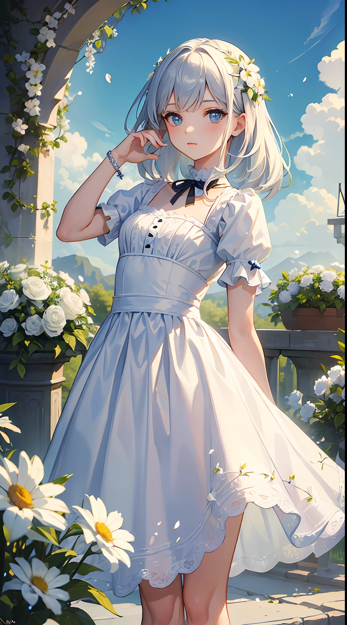 (masterpiece, best quality:1.6), white lace dress, cowboy shot, thighs, beautiful girl, (flowers, many small white petals:1.3), garden, blue sky, looking at viewer, small waist, official art, raw photo, incredibly absurdres, facelight, dynamic lighting, cinematic lighting, ultra realistic, highres, photography, sharp focus, highest detailed, extreme detailed, ultra detailed, finely detail, extremely detailed eyes and face