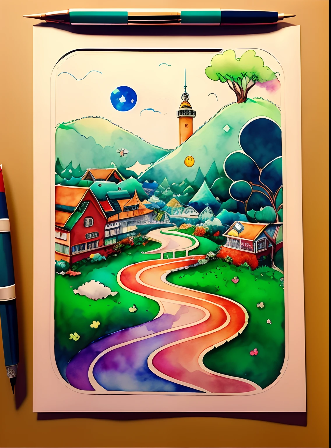 School route、Winding Road、school buildings、school ground、1 ring、Clover in the middle、ink and watercolor painting、ink and watercolor painting、klee、magic elements、Clover icon、The is amazing、with a gorgeous、Multi-cast colorful spells、Bright flash、The Flash