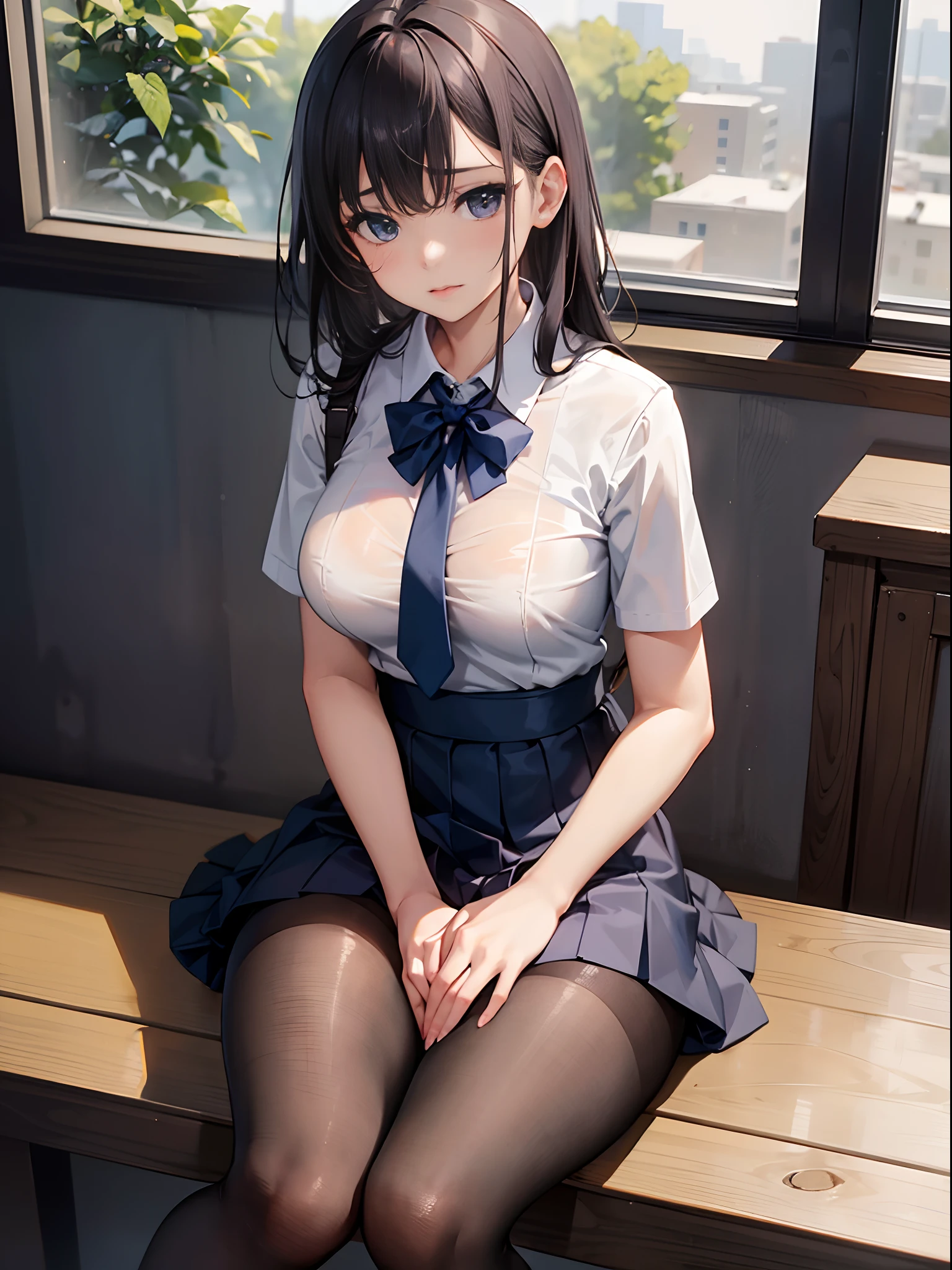 1girl, solo, school dress, school restroom, sitting, her right hand grabbing her right boob, left hand inside \(vaginal\), ((????????????)), also wearing torn pantyhose, 8k, masterpiece, bestquality, ultrasharp, half ?????,