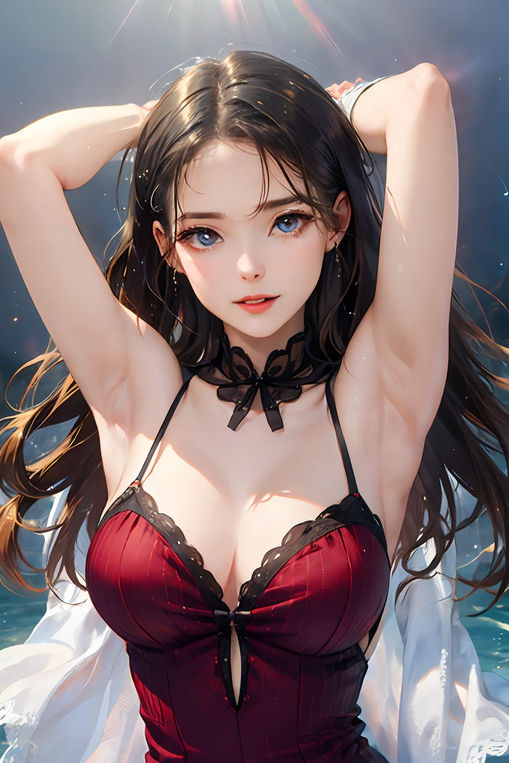 best quality, masterpiece, upper body,
(adult:1.6) hungarian woman, (smirk:0.4), arms behind head,
braided golden hair,
sparkling eyes,
victorian sundress,
 floating light particles, centered,