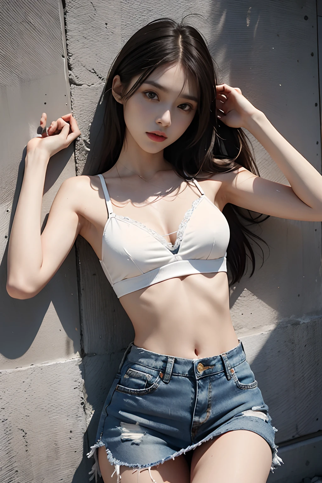 Girl in white bra and tight denim skirt posing for photo, full body, legs spread, with cut T-shirt, bra, slim body, smaller bust, slim girl model, 24-year-old female model, lying on the construction site, a group of black men onlooking