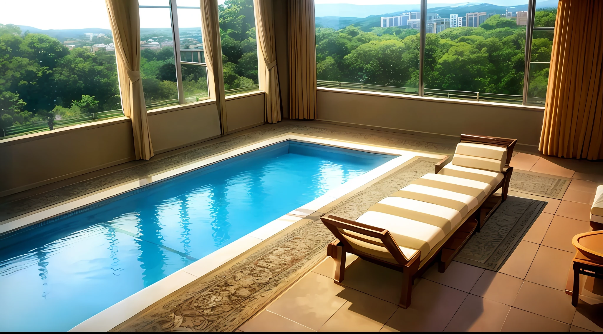 a luxury hotel room、Large room、Gorgeous room、Pool in the garden、View from the higher floors