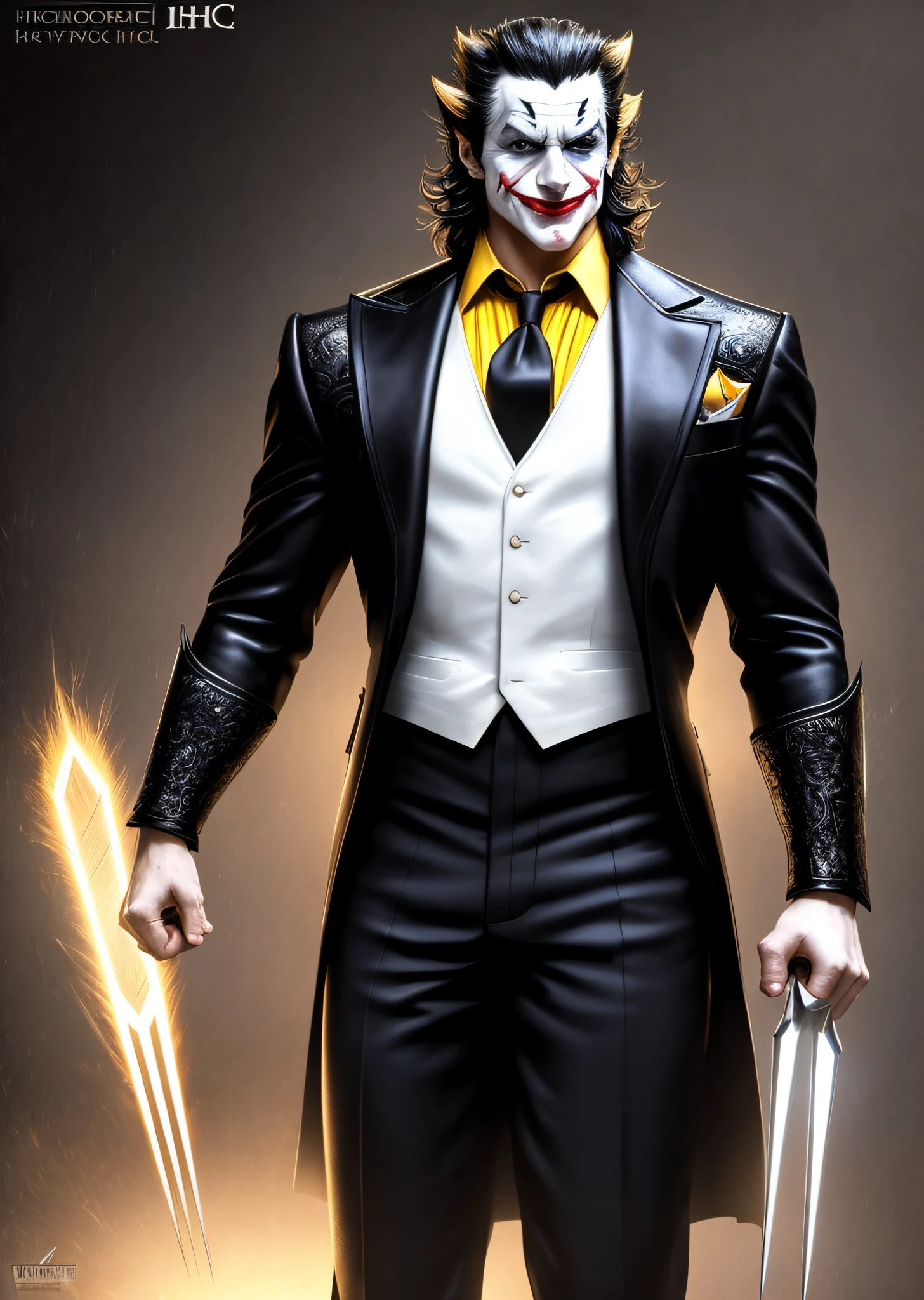 A Joker, epic, (realistic:1.35), (concept art), (((hdr))), (muted colors:0.3), intricate scene, artstation, hyperdetailed, cinematic shot, warm lights, dramatic light, intricate details, vignette, complex background, [[royal purple trench coat, green vest]], geometric pattern tie, leather gloves, slate atmosphere, ((looking at viewer)), (smirk|smug), contrapposto, volumetric light, dramatic, good proportions, good anatomy, award winning, masterwork, masterpiece, classic wolverine comics style white eyes and muscular yellow and black classic suit