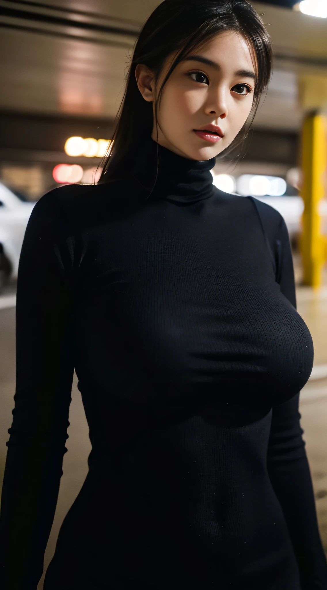 (Extremely detailed, underground parking, fine, slightly fat, plump, big breasts, big breasts, M cups, sexy, black turtleneck dress, delicate face, large aperture, close-up of people)