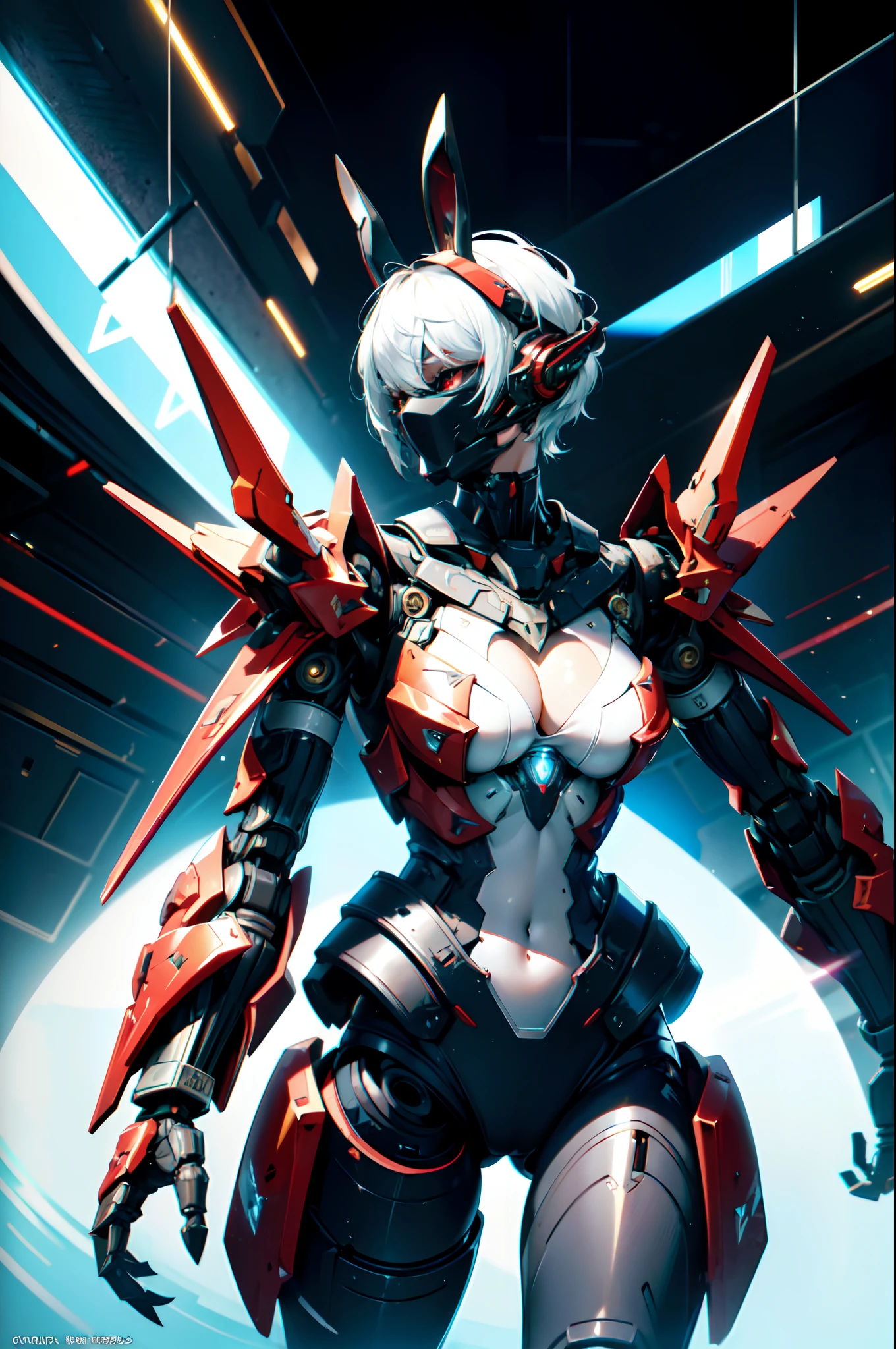 top-quality, masterpiece, Machines with fine details, unbelievably beautiful, very delicate 8k wallpaper, Transcendent Beautiful Girl, Machine body, Mechanical Naked Cyborg, mecha musume, White hair, short-hair, (glow red eyes:1.1), Inorganic skin, Science Fantasy,BREAK, (exoskeleton suit), (perfect fingers, 4fingers and 1thumb), (Heavily armored limbs:1.5), (cleavage, navel, zettai_ryouiki), BREAK, cowboy_shot, side focus, open stance, (cyber tech punk mask:1.2), huge thrusters on the waist, sideboob, bloom, super fine concept art, extremely detailed, hawken, sci fi battlefield, (Rabbit ears: 1.3),