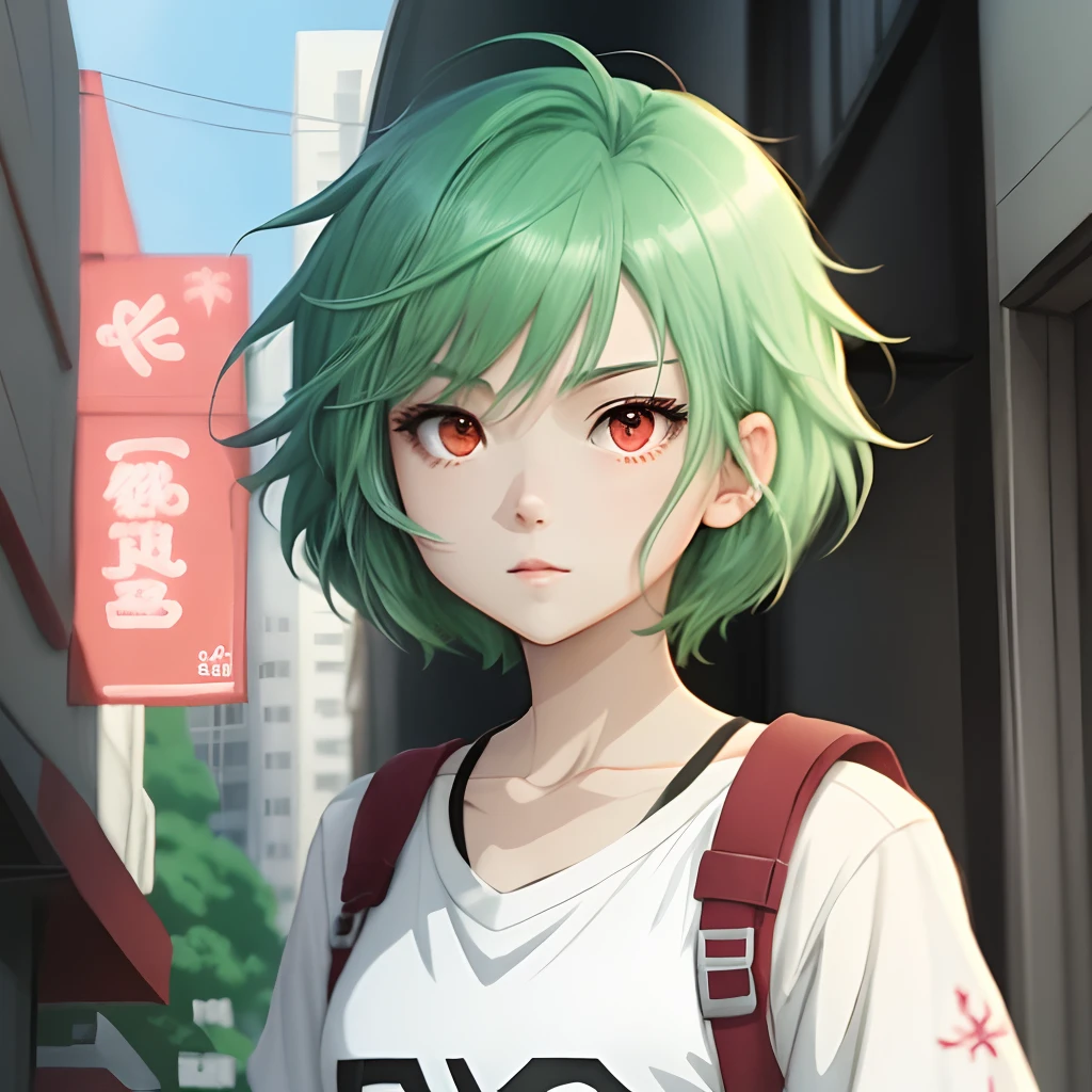 Short-haired girl with green hair and red eyes wearing white clothing, 2 d anime style, Anime girl with green hair, anime style character, Anime style. up of young anime girl, short detailed hair,Epic anime style, anime figure。